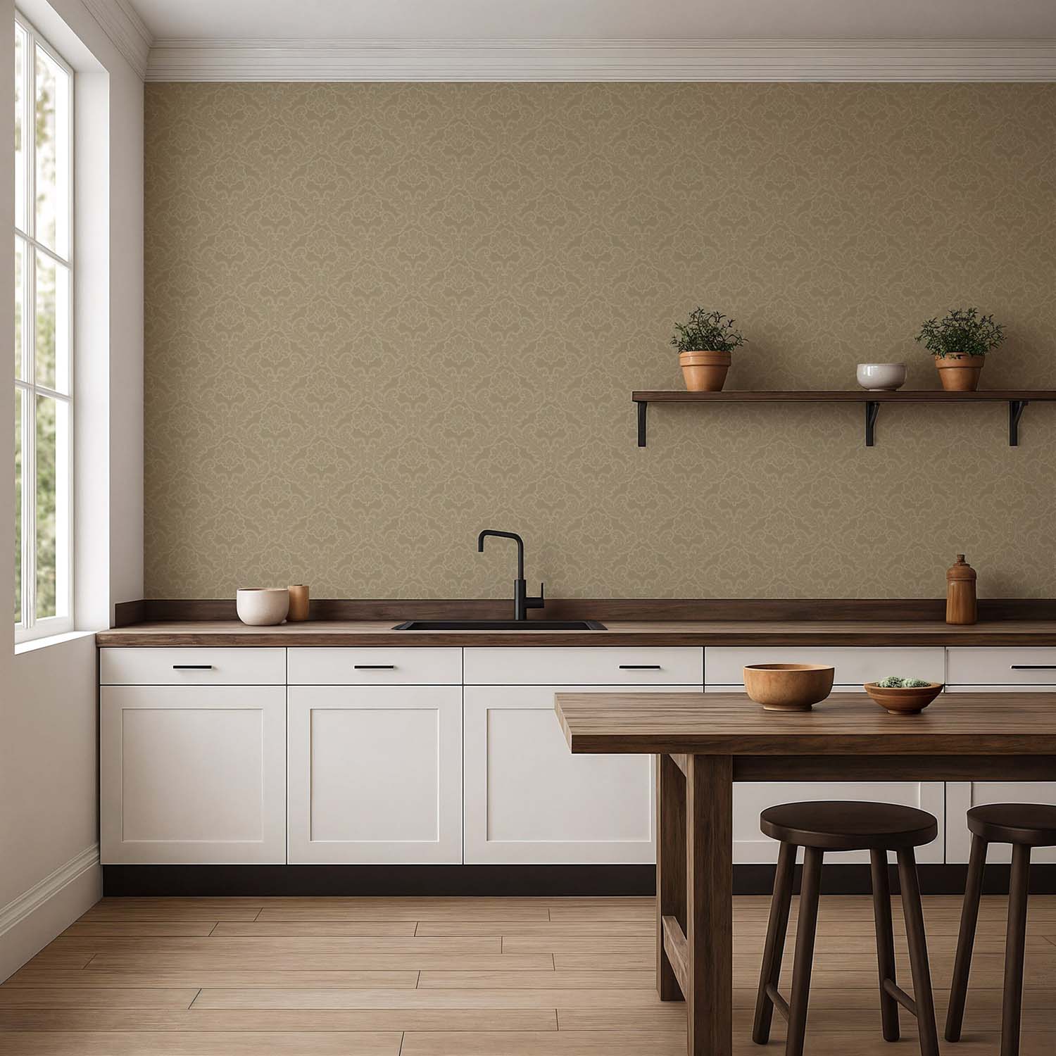 Drawing Room Leaf botanical wallpaper in Brownstone, interior scene