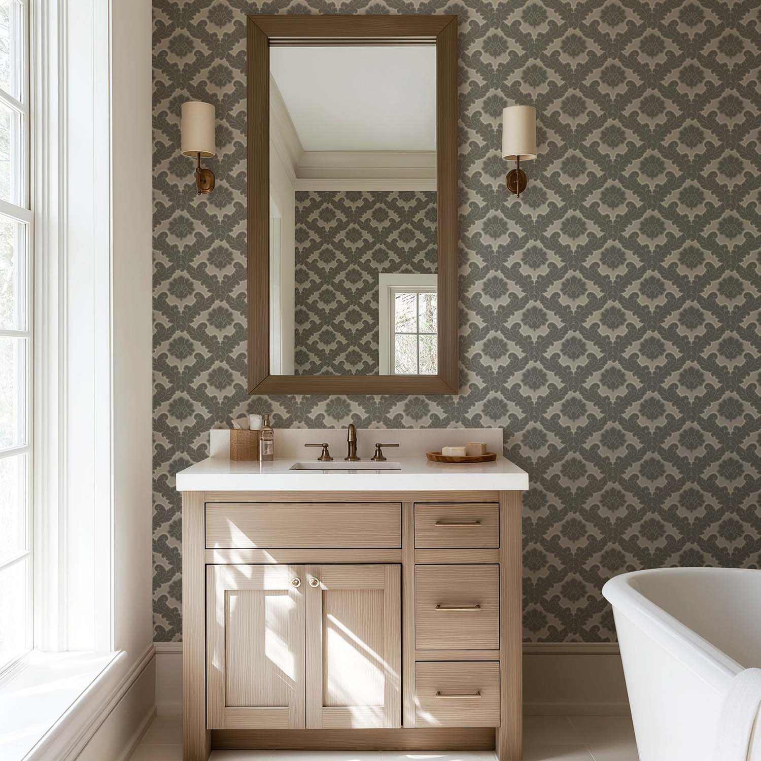 Drawing Room Leaf botanical wallpaper in Champagne, wide view