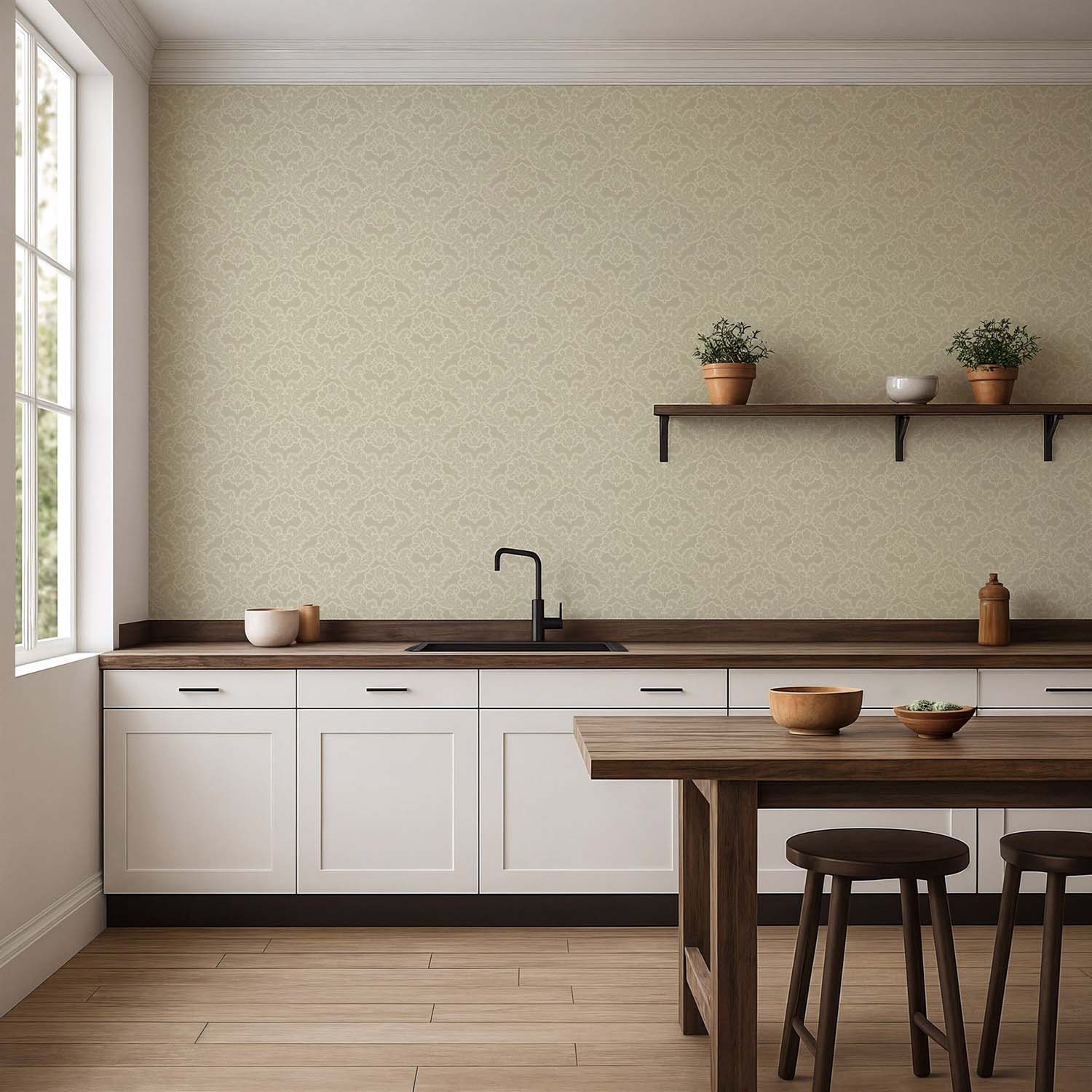 Drawing Room Leaf botanical wallpaper in Driftwood, in-situ view