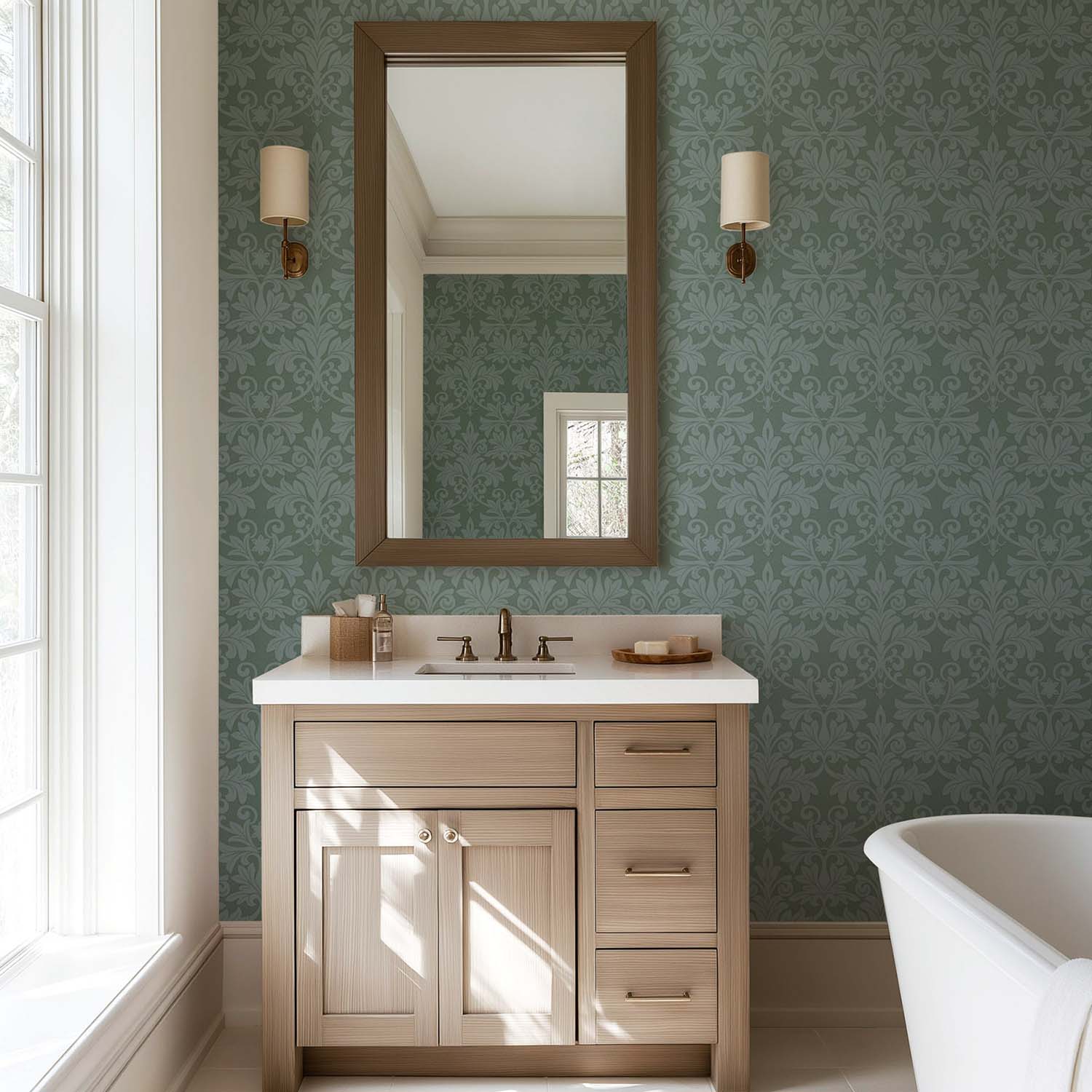 Rococo Relief designer wallpaper in Pewter Blue styled in a bright hallway
