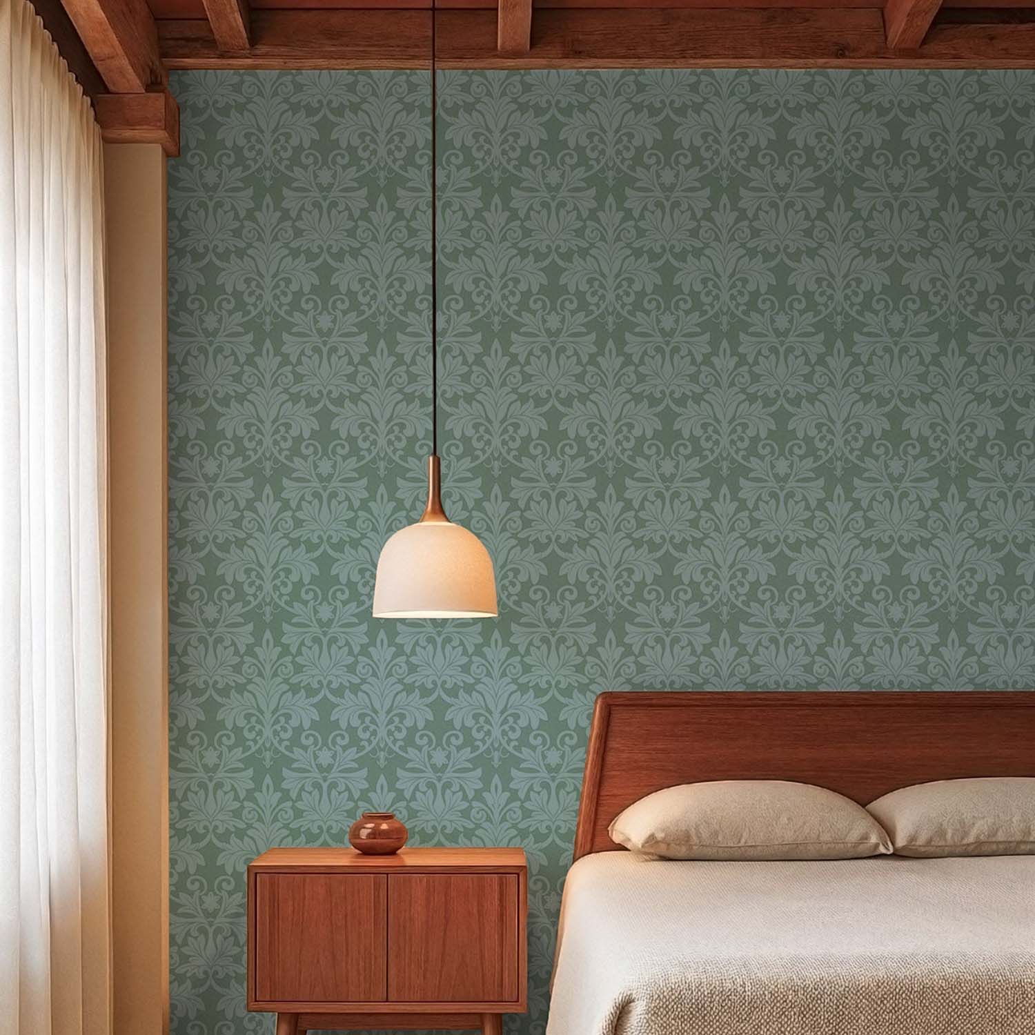 Rococo Relief designer wallpaper in Red Clay styled in a cozy living room