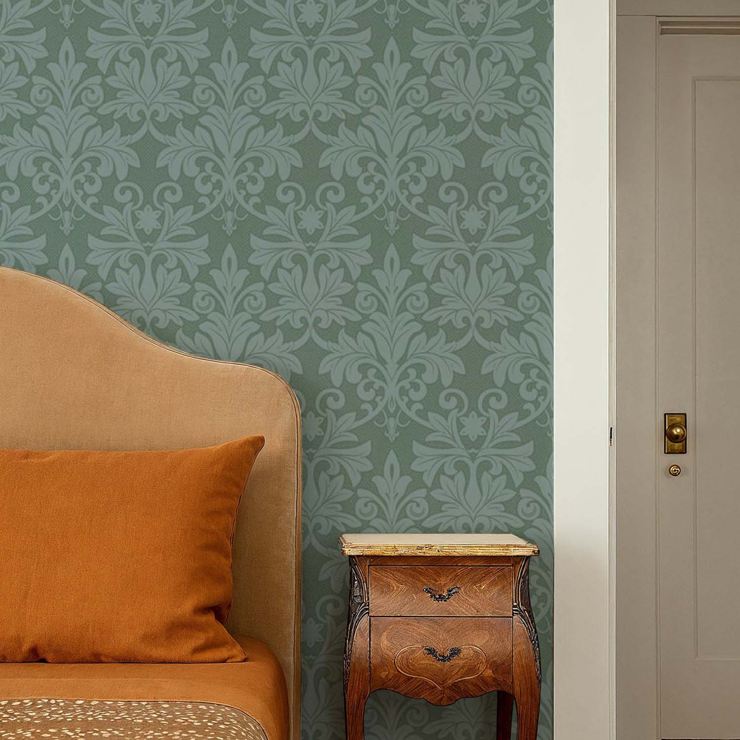 Rococo Relief designer wallpaper in Blue Green styled in a mudroom