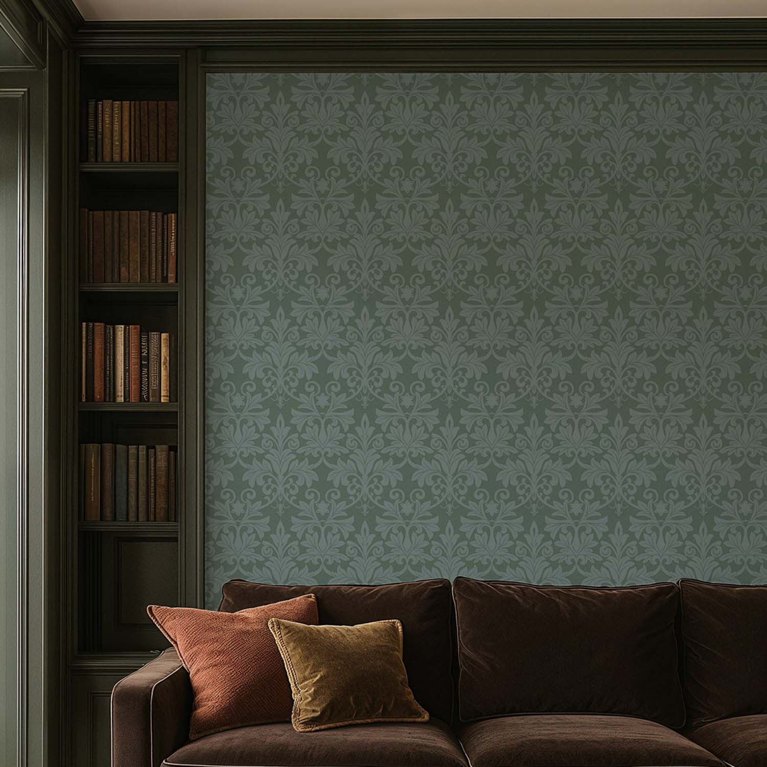 Rococo Relief designer wallpaper in Champagne styled in a home office