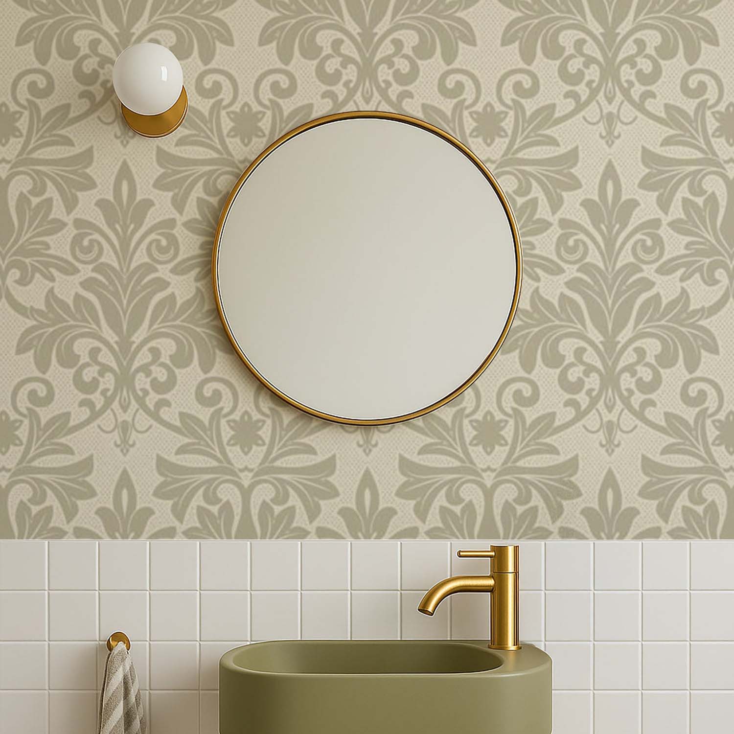 Rococo Relief designer wallpaper in Misty Green styled in a stair hall