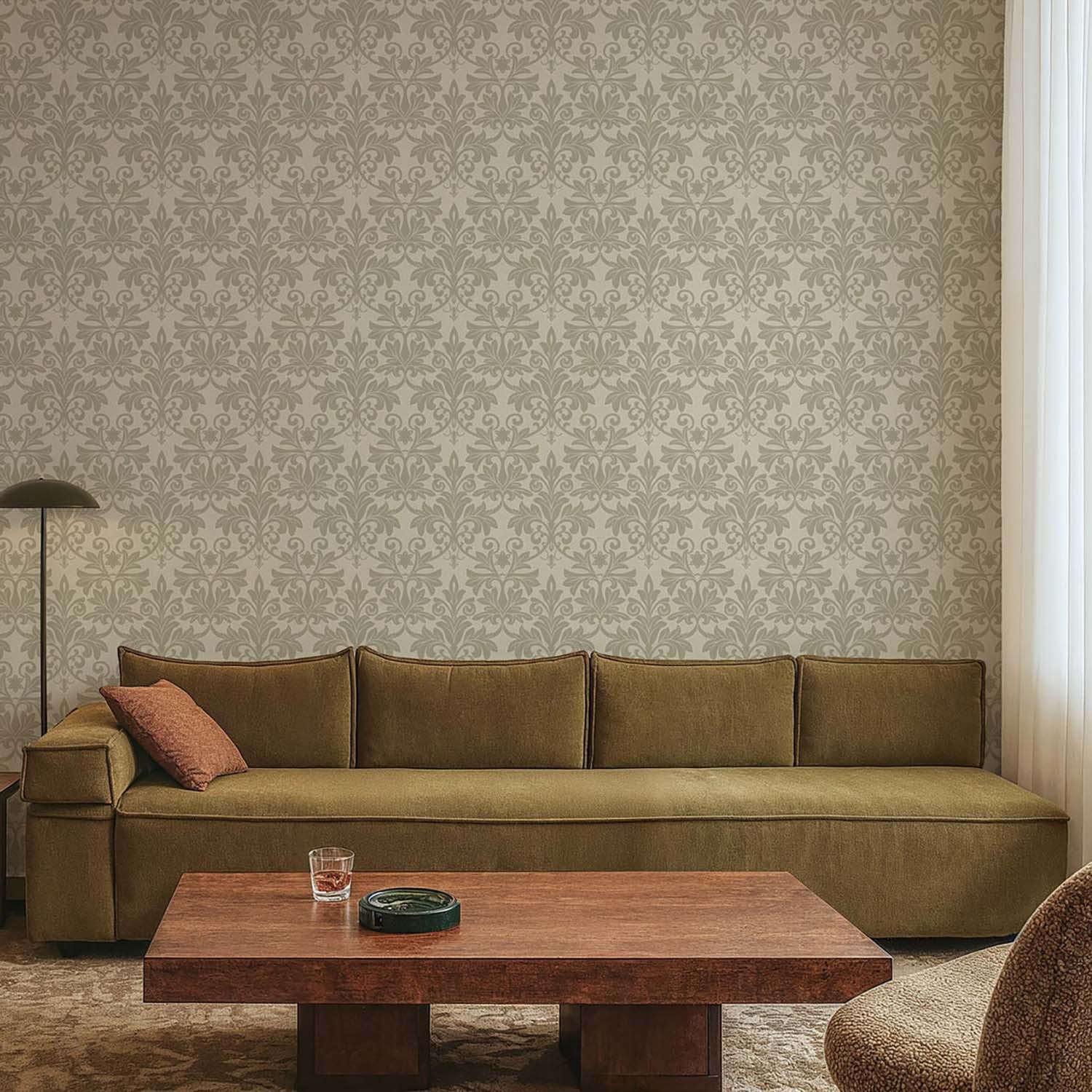 Rococo Relief designer wallpaper in Pewter Blue styled in a guest room