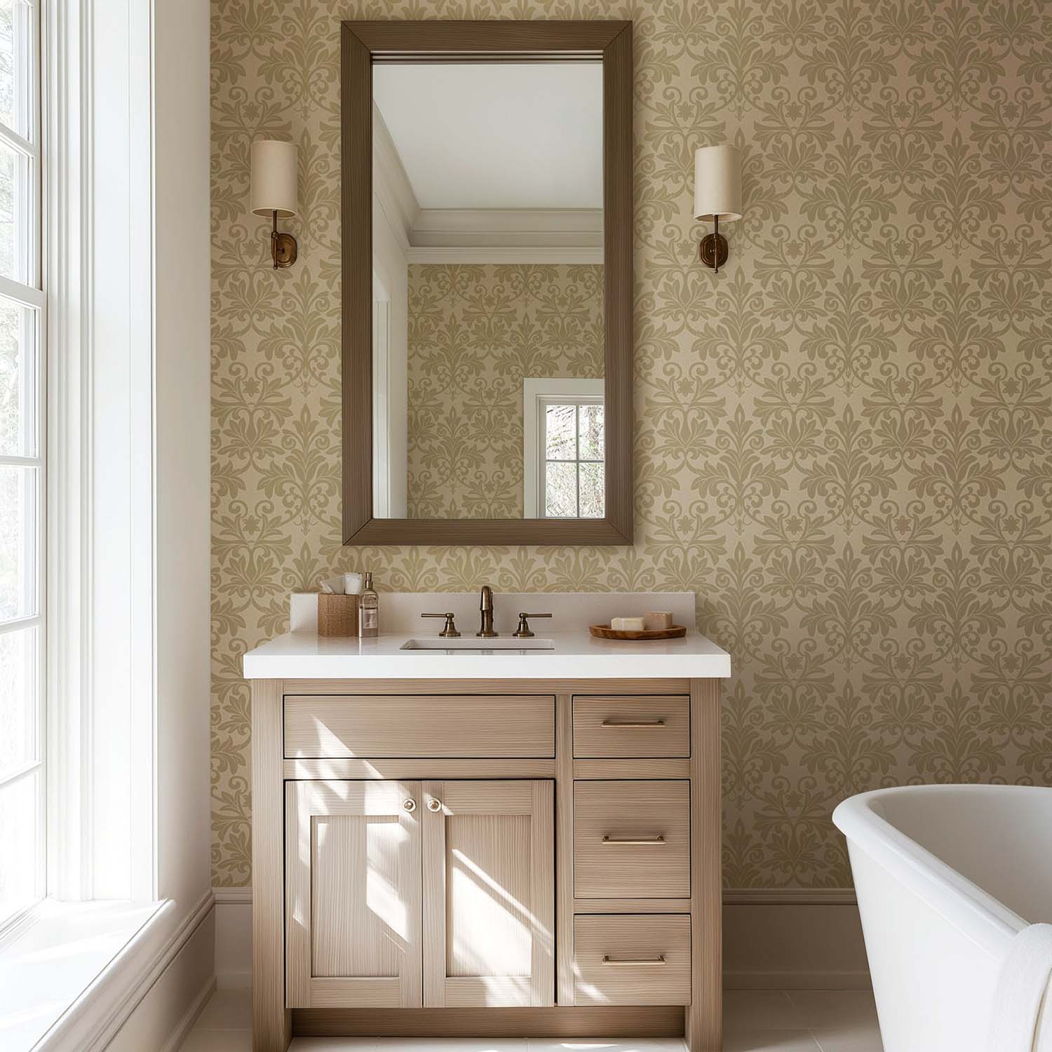 Rococo Relief designer wallpaper in Gold Tone styled in a powder room
