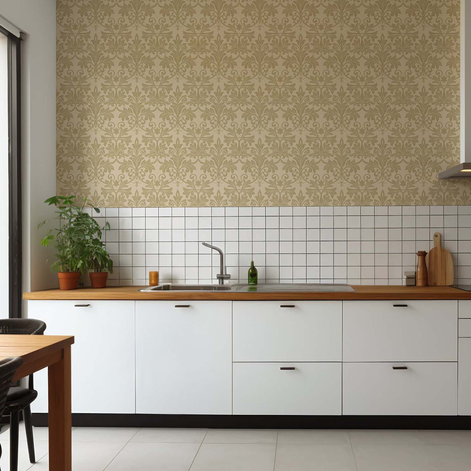 Rococo Relief designer wallpaper in Misty Green styled in an entryway