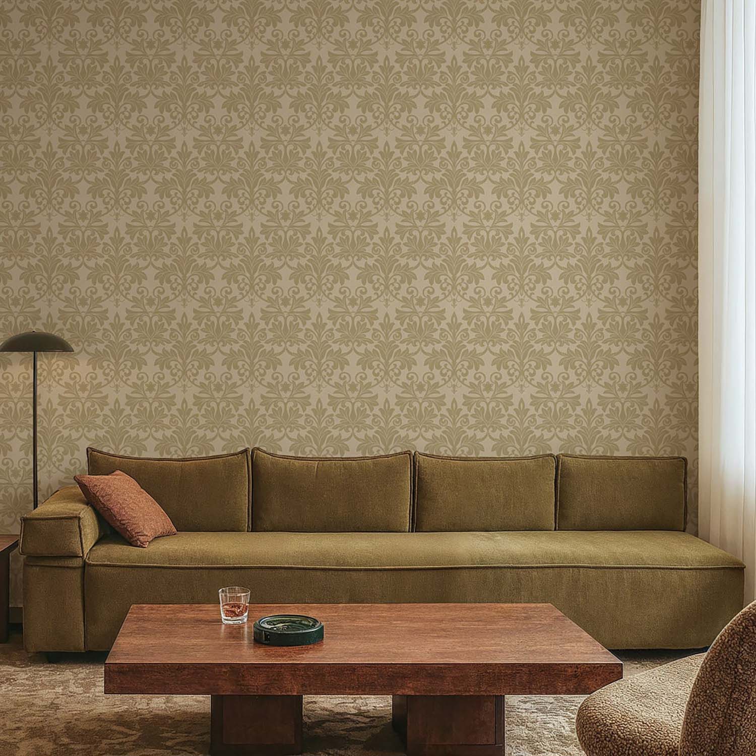 Rococo Relief designer wallpaper in Obsidian styled in a serene bedroom