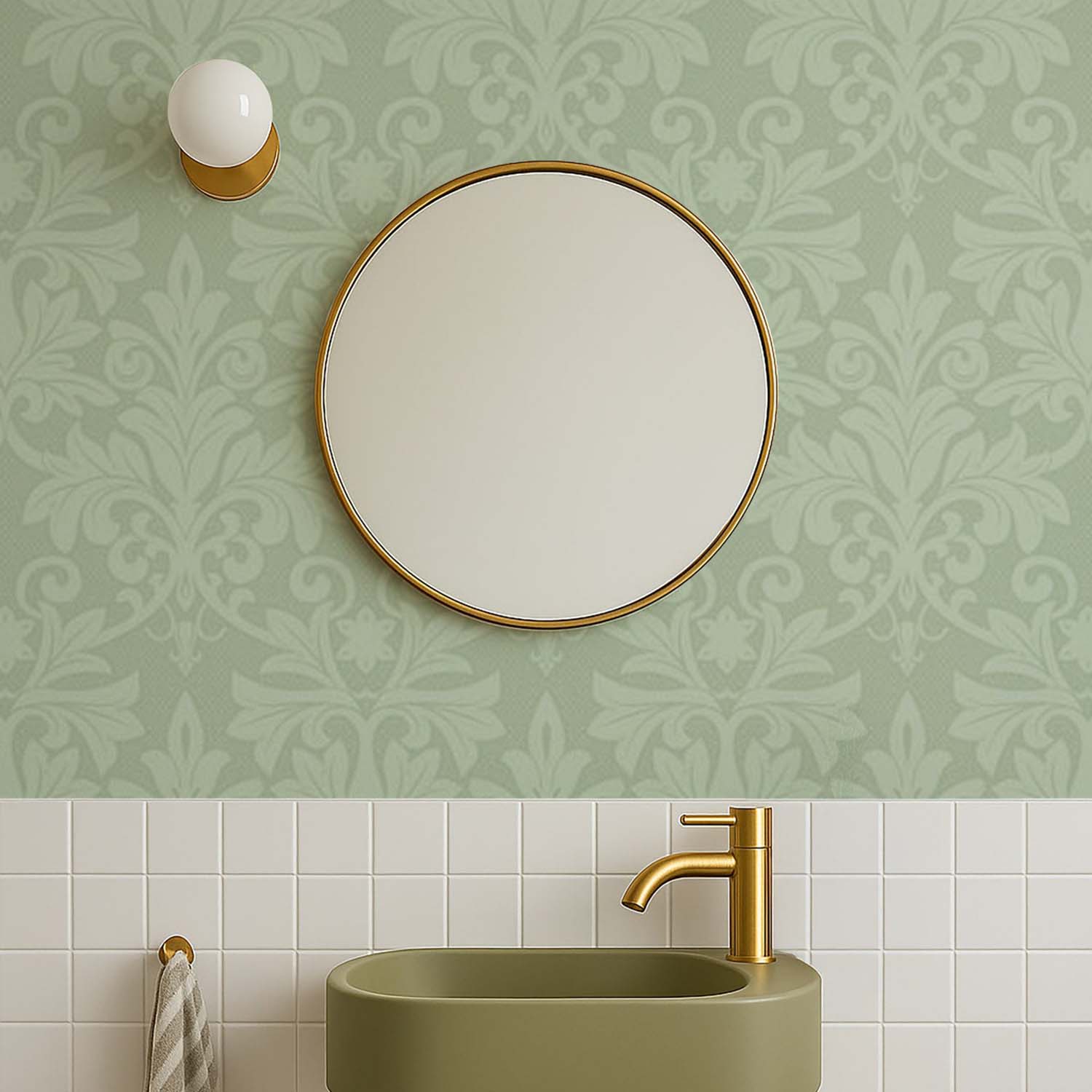Rococo Relief designer wallpaper in Blue Green styled in a paneled den