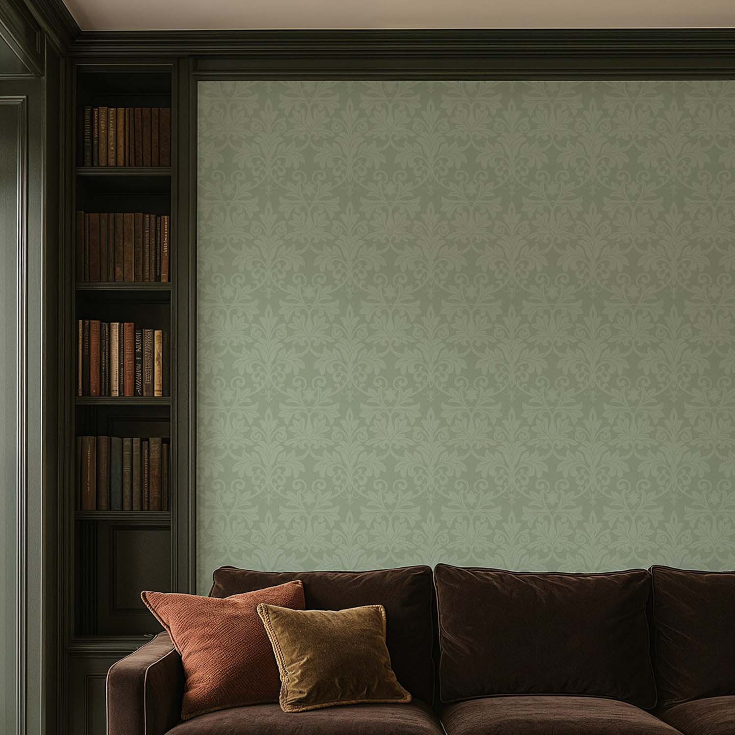 Rococo Relief designer wallpaper in Champagne styled in a butler's pantry