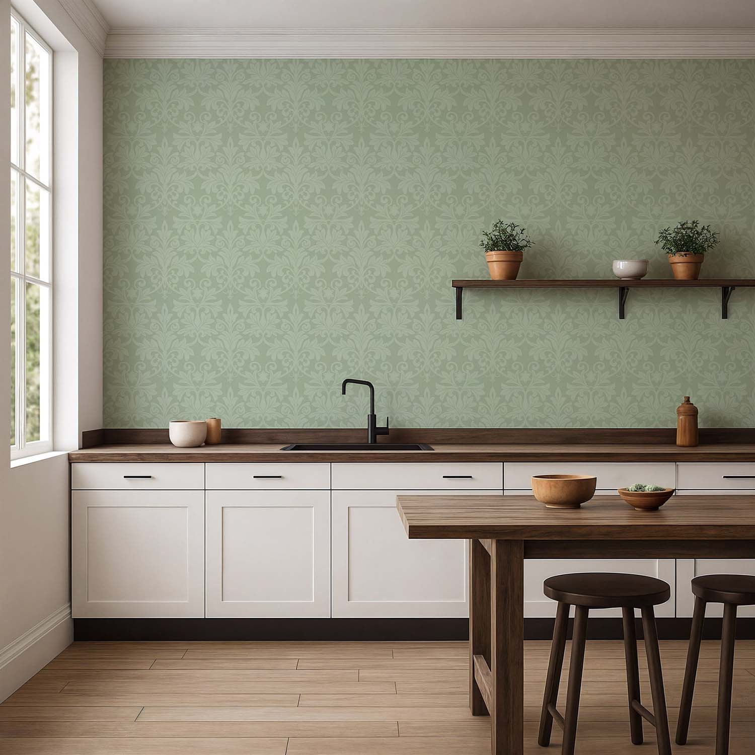 Rococo Relief designer wallpaper in Misty Green styled in a welcoming foyer