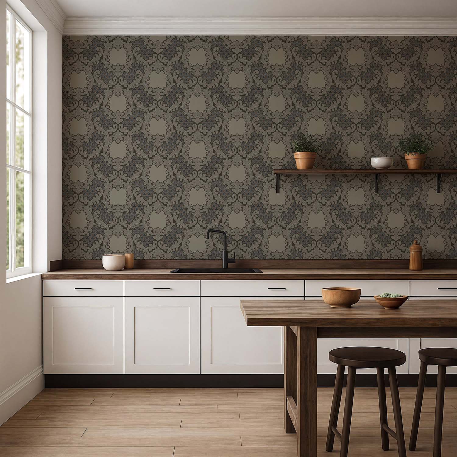 Mitchell Black Shadow Leaf Damask Wallpaper