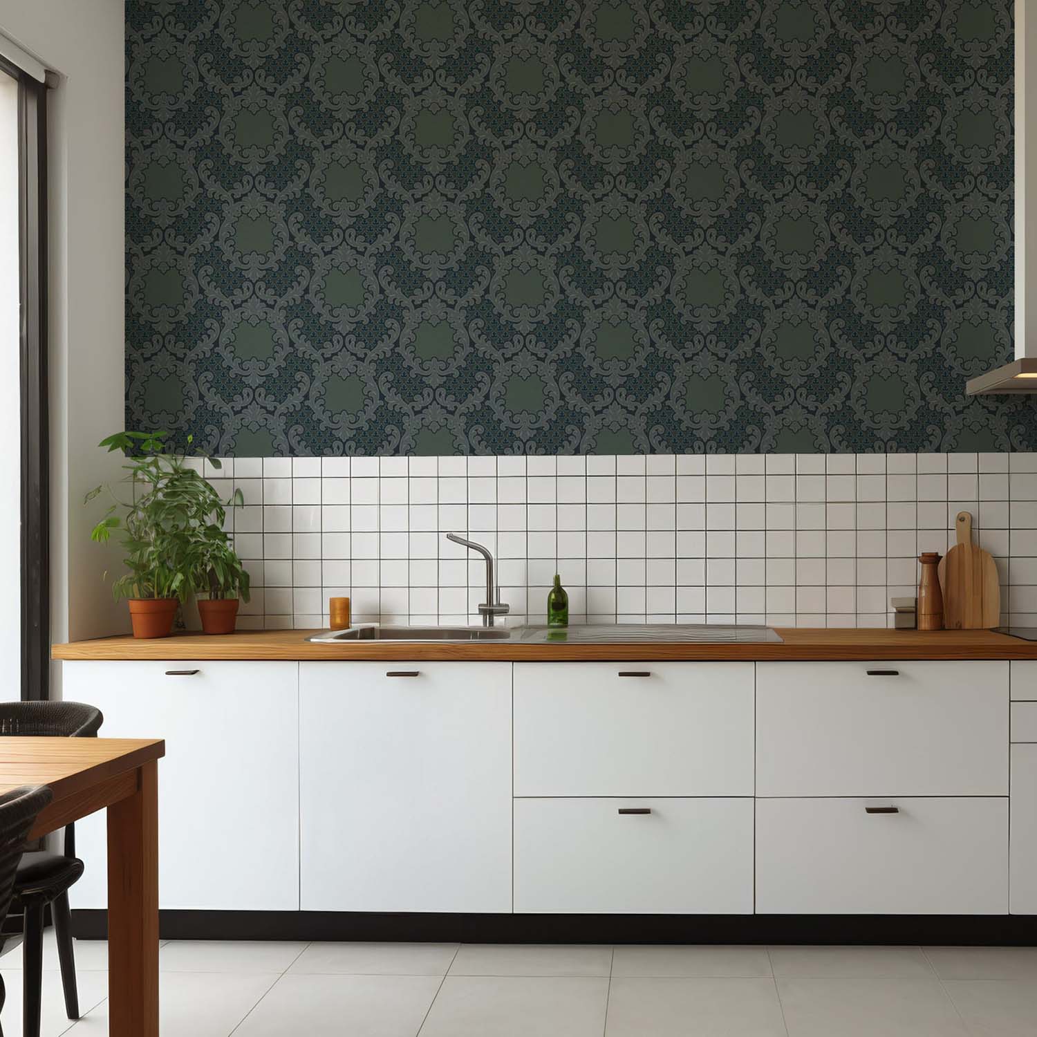 Mitchell Black Shadow Leaf Damask Wallpaper