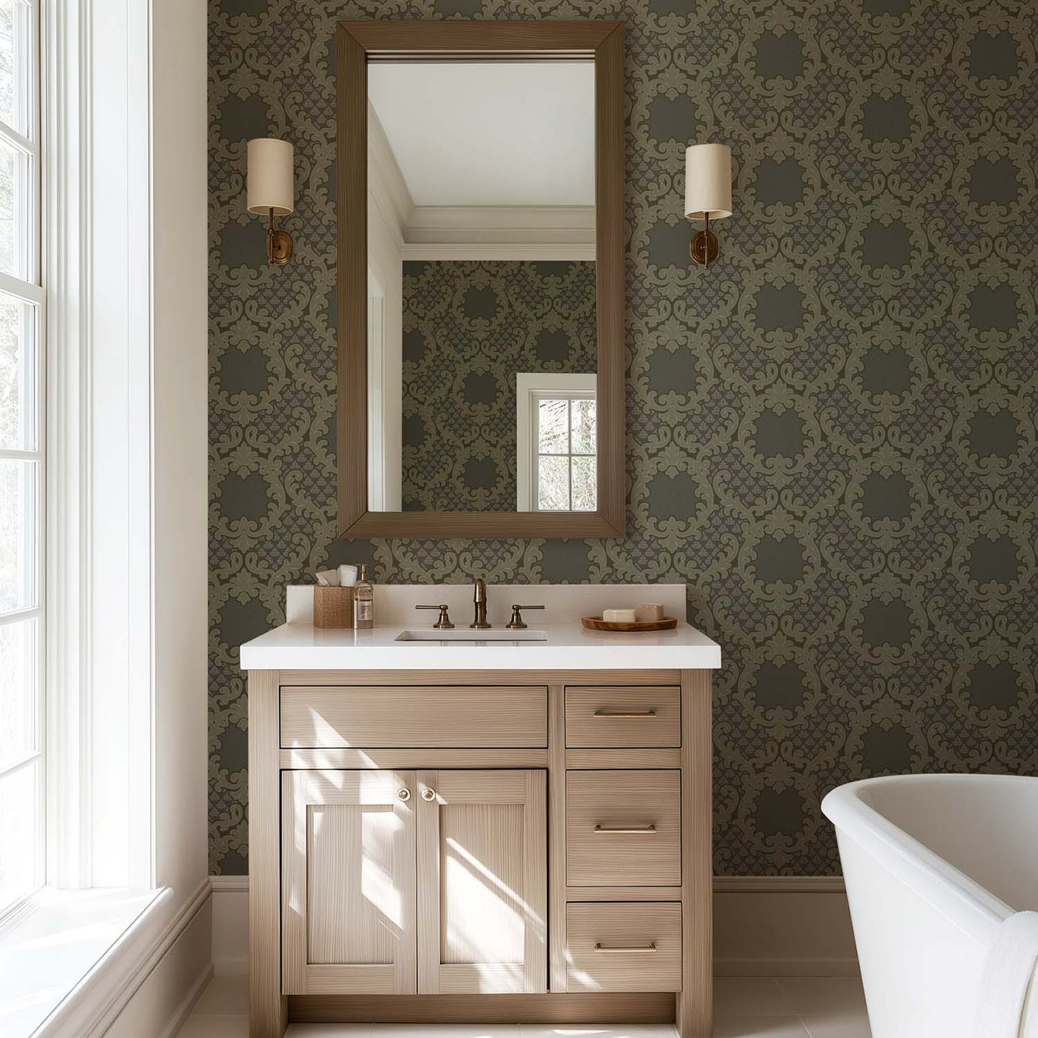 Mitchell Black Shadow Leaf Damask Wallpaper