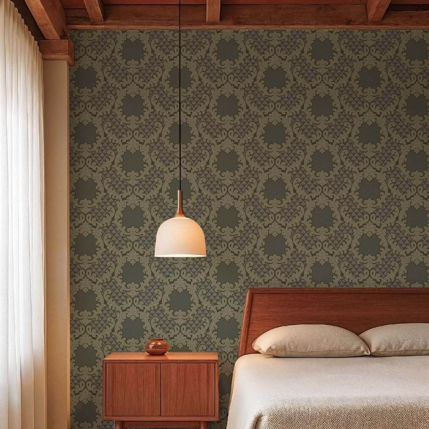 Mitchell Black Shadow Leaf Damask Wallpaper