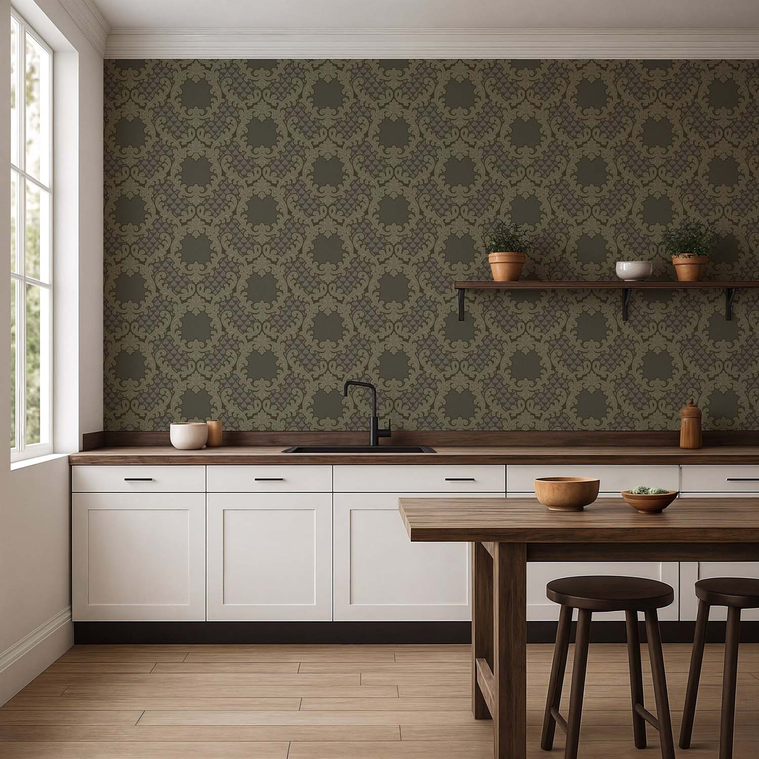 Mitchell Black Shadow Leaf Damask Wallpaper