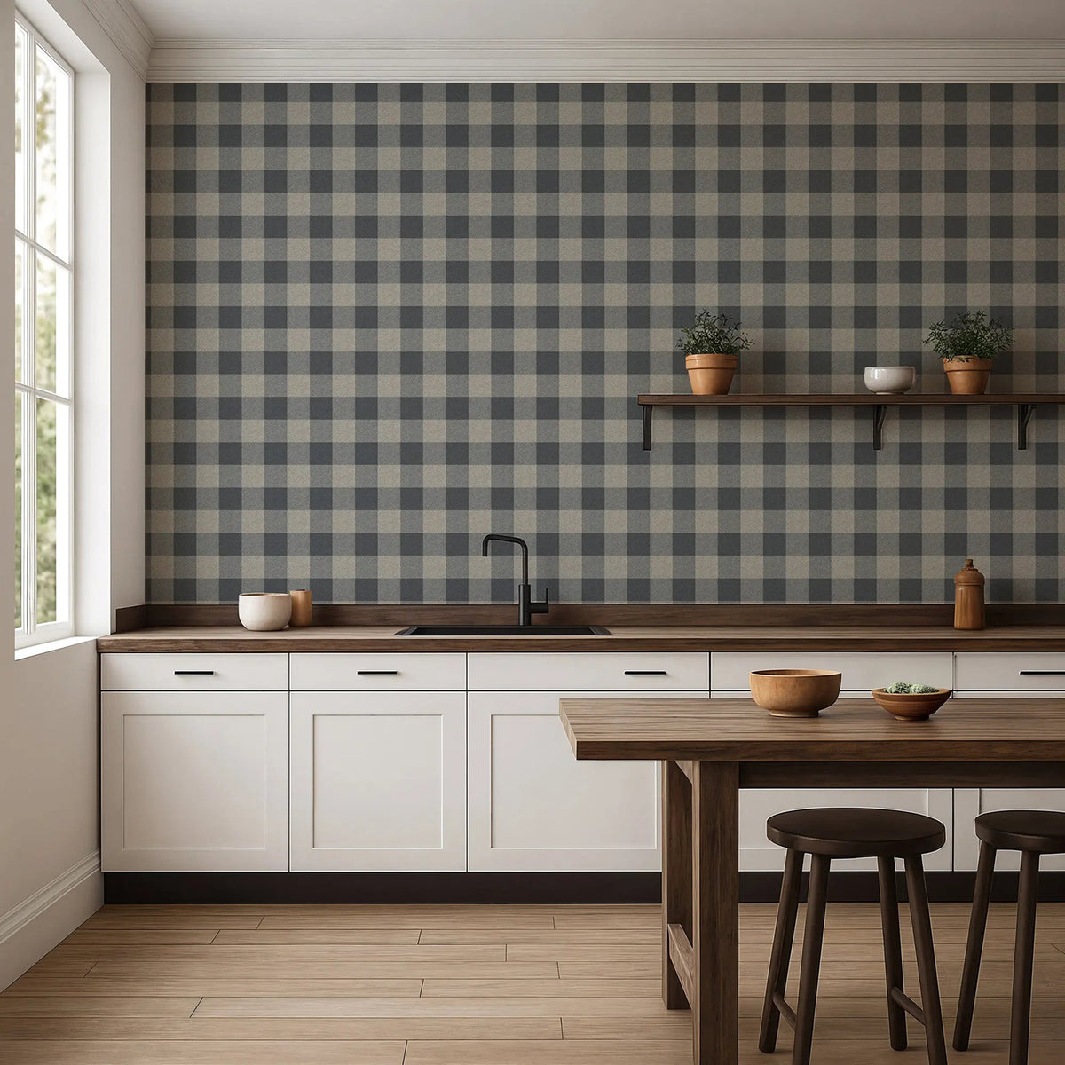 Mitchell Black Washed Gingham Wallpaper