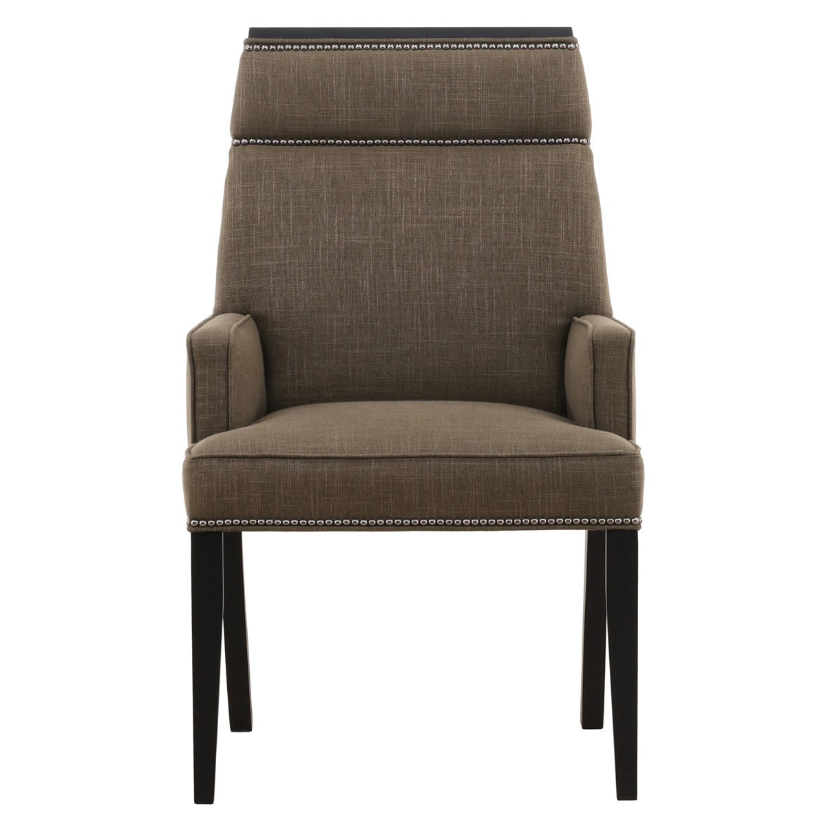 Vanguard Furniture Phelps Dining Arm Chair Jayda Olive Fabric/#9 Black Silver Nails/Film Noir Finis Pre-Made Sample