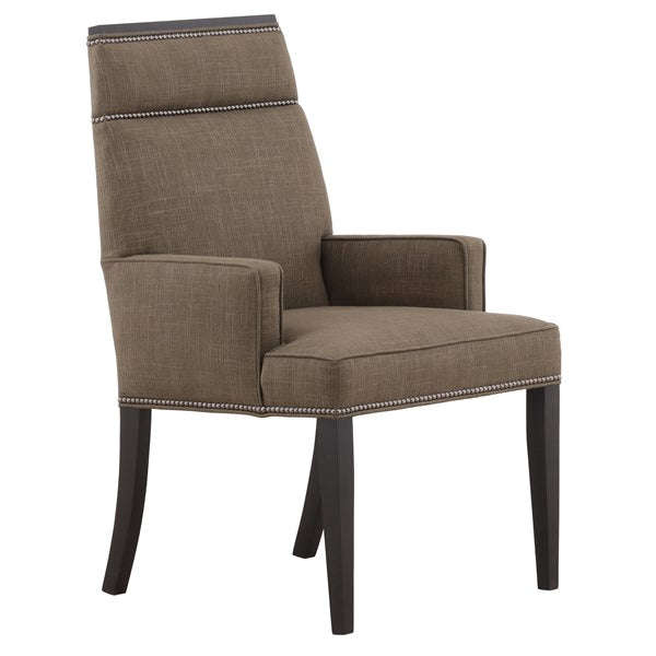 Vanguard Furniture Phelps Dining Arm Chair Jayda Olive Fabric/#9 Black Silver Nails/Film Noir Finis Pre-Made Sample