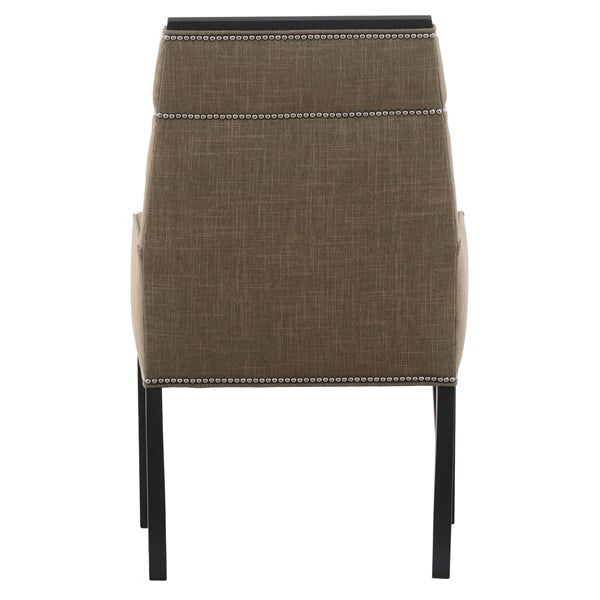 Vanguard Furniture Phelps Dining Arm Chair Jayda Olive Fabric/#9 Black Silver Nails/Film Noir Finis Pre-Made Sample