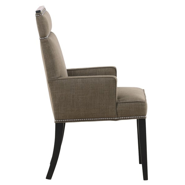 Vanguard Furniture Phelps Dining Arm Chair Jayda Olive Fabric/#9 Black Silver Nails/Film Noir Finis Pre-Made Sample