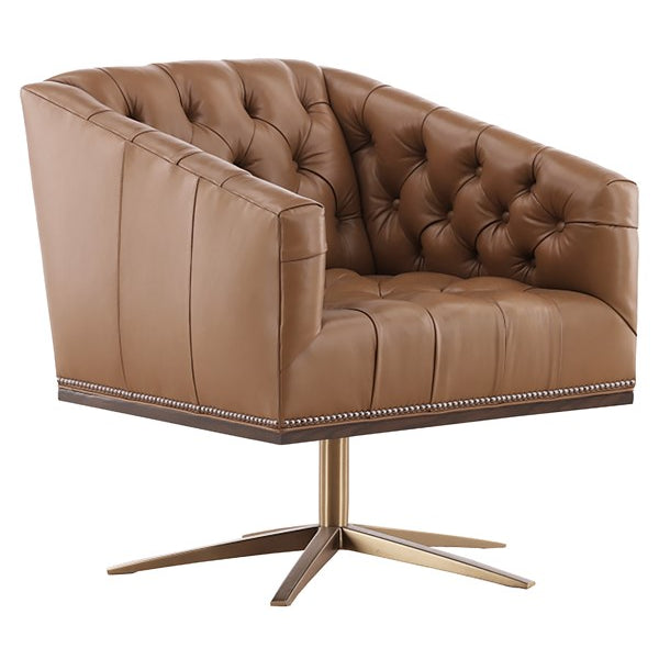 Vanguard Furniture Ashton Swivel Chair Firenze Brownstone Leather/Satin Brass Base Pre-Made Sample