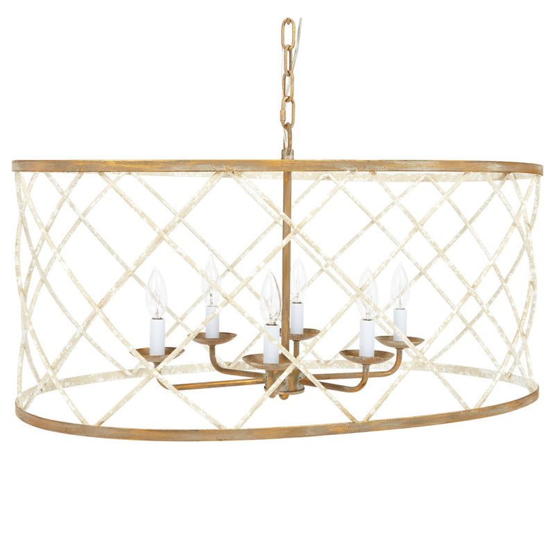 Old World Design Open Weave French White and Gold Oval Chandelier