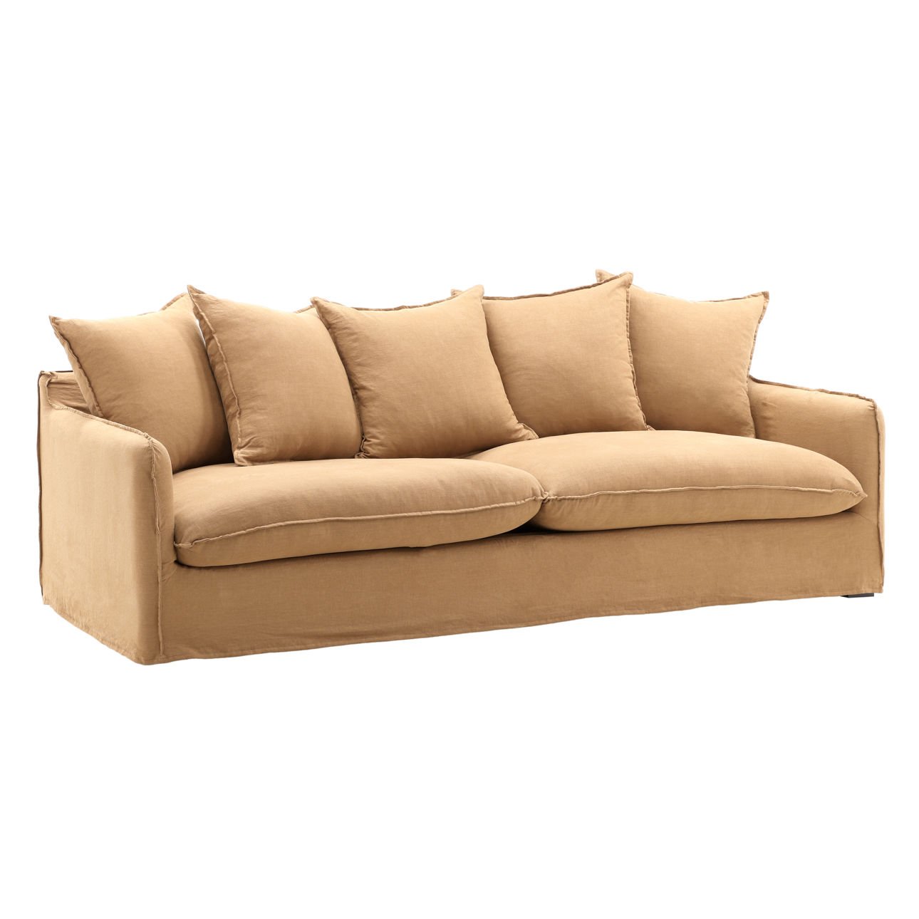 Close-up of the linen slipcover and feather-blend cushions on the Vivian sofa