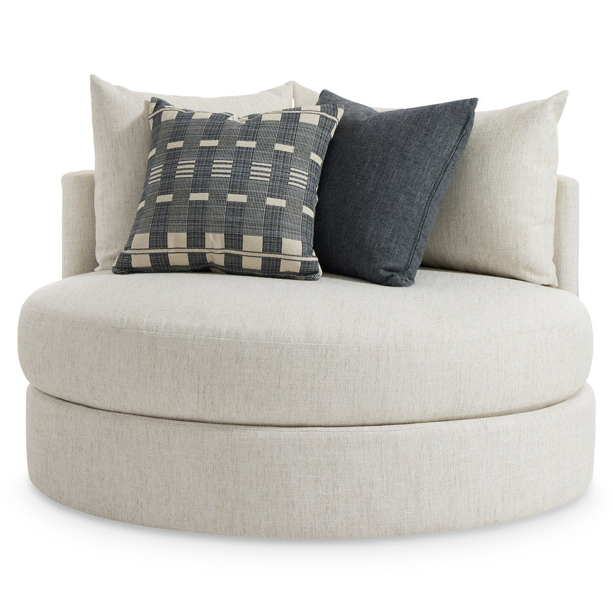 Bernhardt Living Ferris Fabric Swivel Chair in White, angled three-quarter view