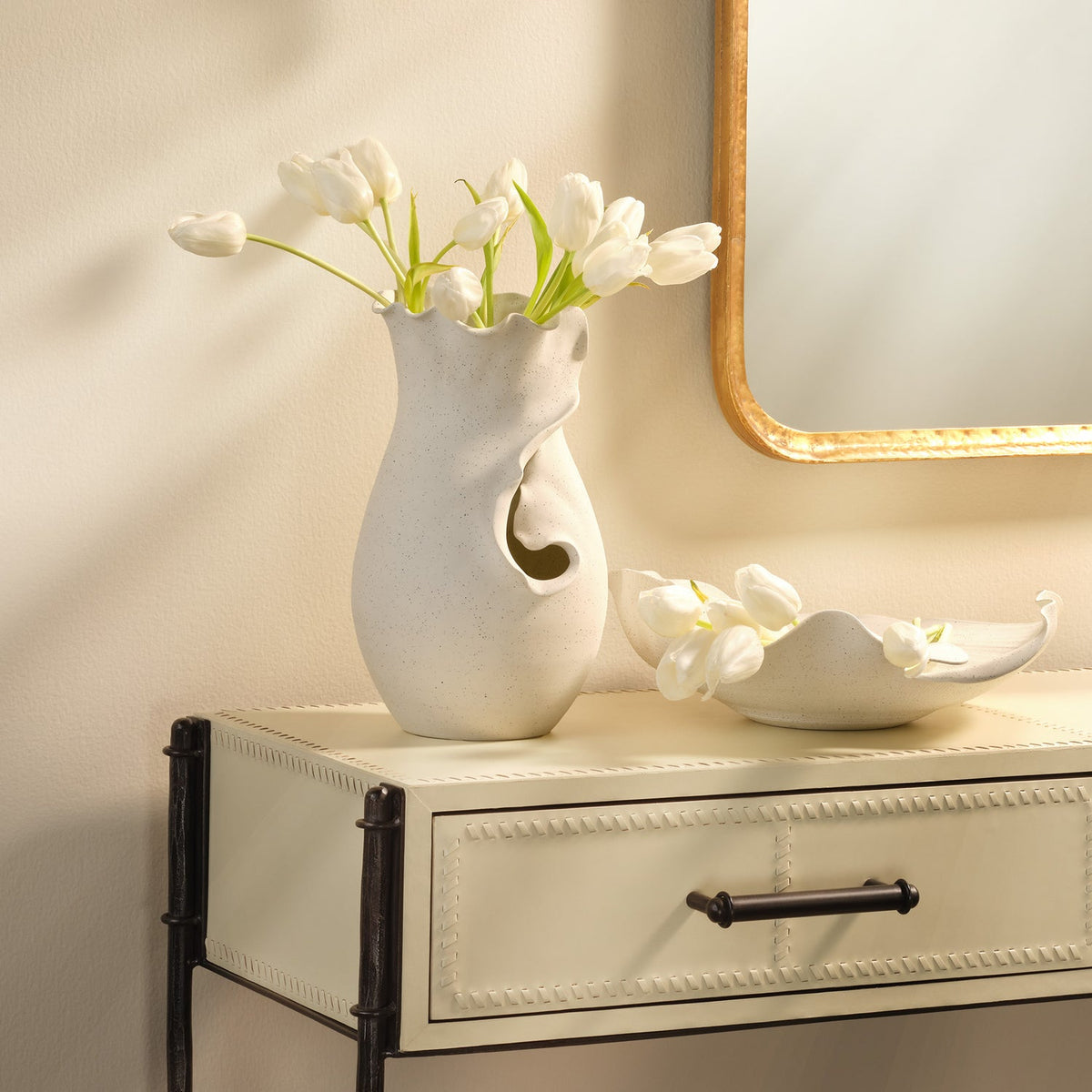 Jamie Young Flutter White Porcelain Vessel Porcelain surface and Speckled Matte White finish detail