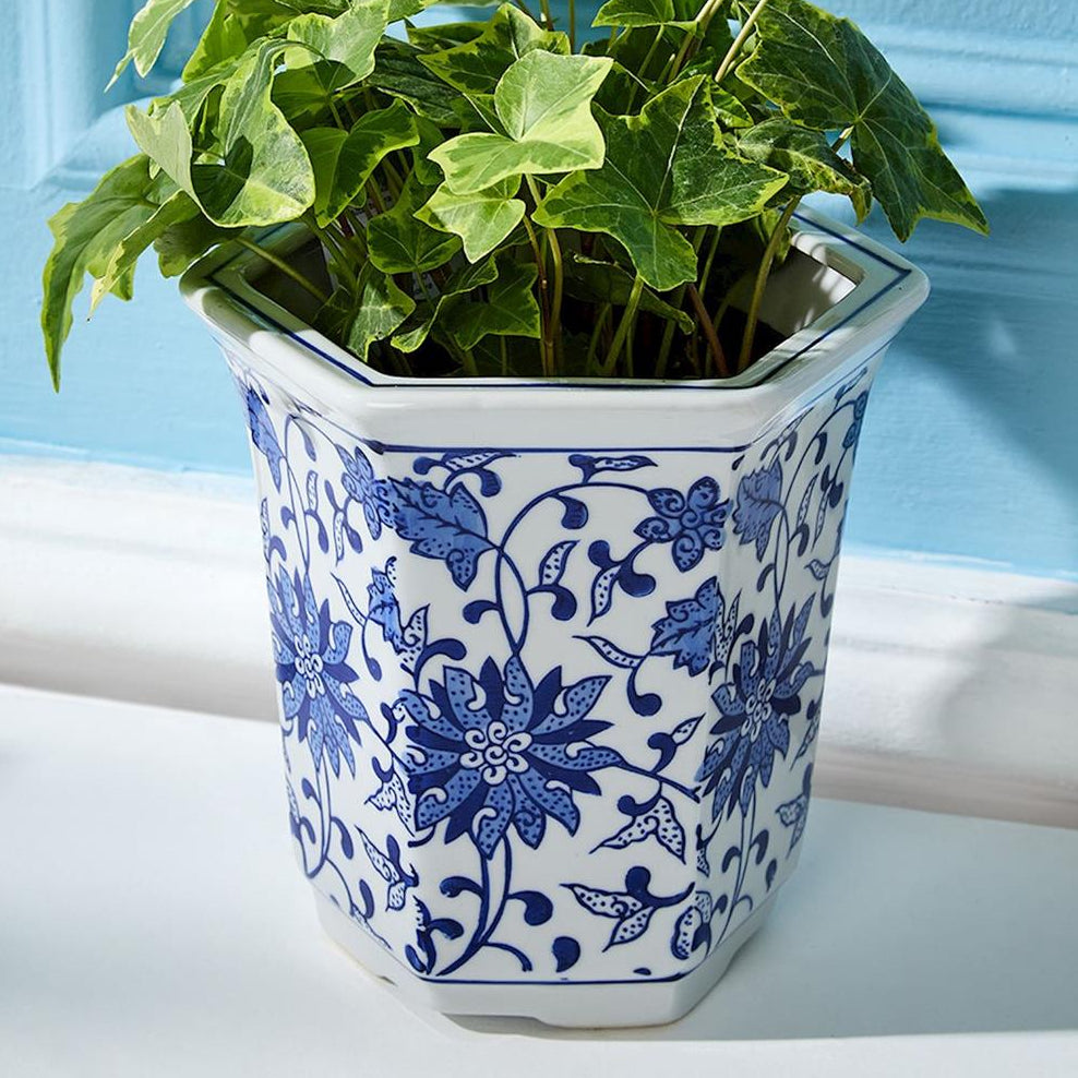 Chinoiserie Hand-Painted Blue and White Hexagon Cachepot / Vase
