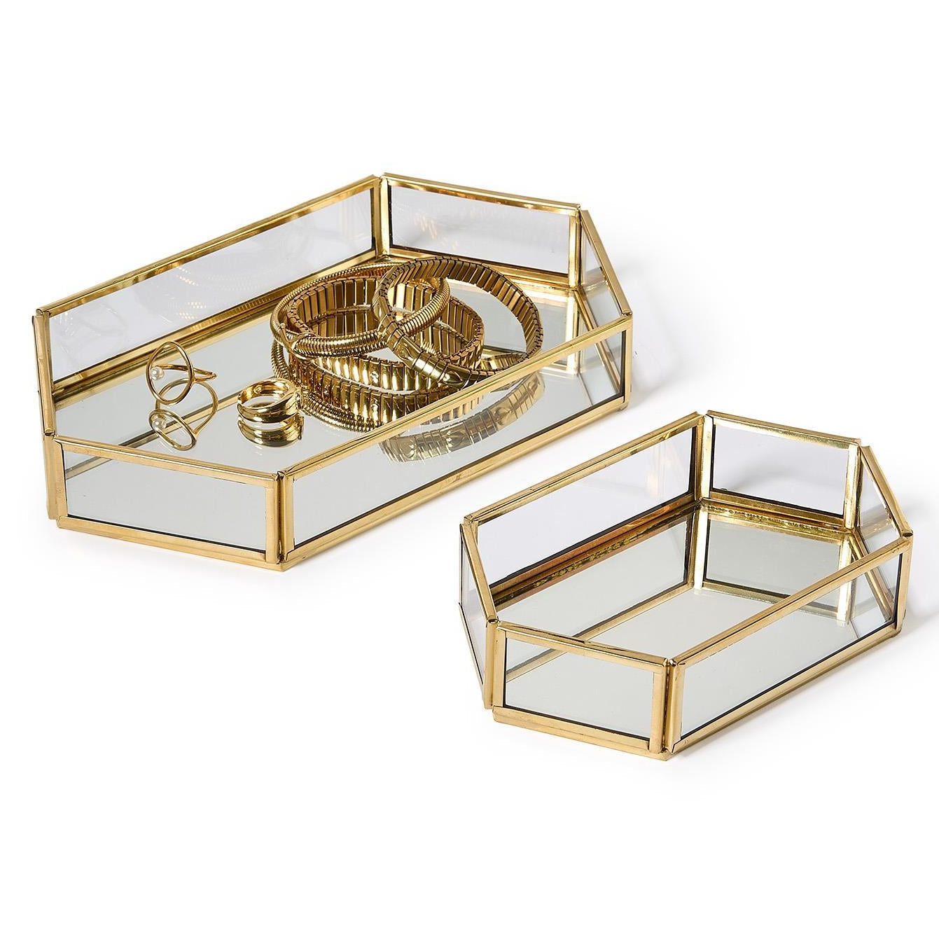 Glass and Brass Hexagon Glass Tray Set of 2