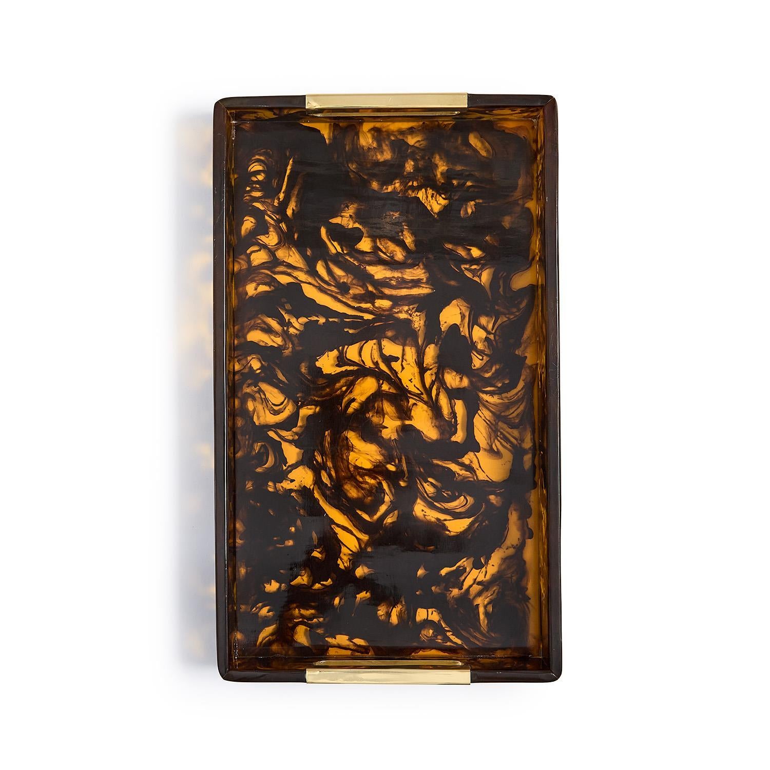 Tortoise Swirl Rectangle Serving Tray with Gold Accent Handles