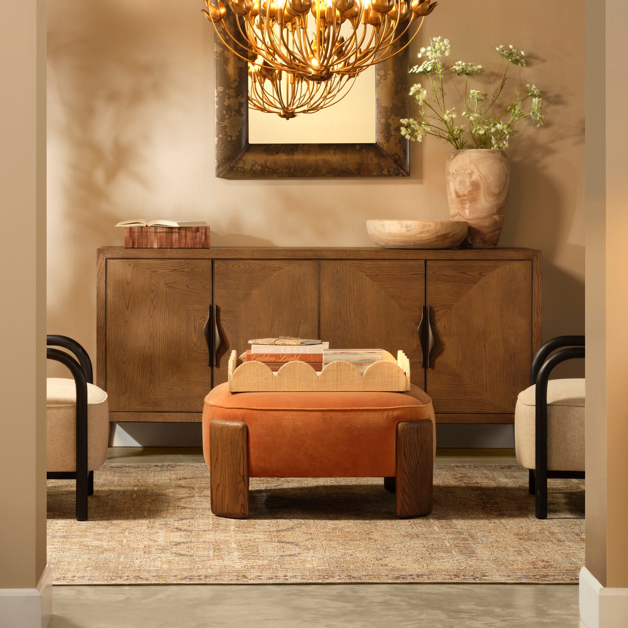 Jamie Young Tarte Terracotta Velvet and Brown Sugar Oak Ottoman