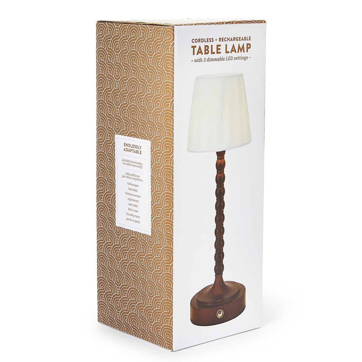 LED Cordless Beaded Wood Pole Table Lamp with Fabric Pleated Shade in Gift Box