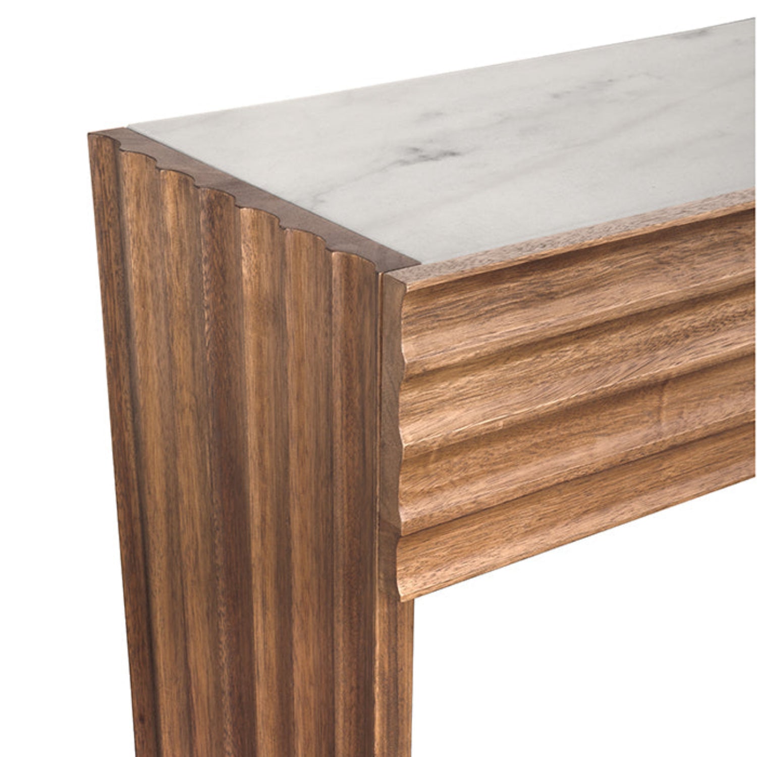 Noir Wolf Dark Walnut Console with White Marble Top in dark walnut and white stone