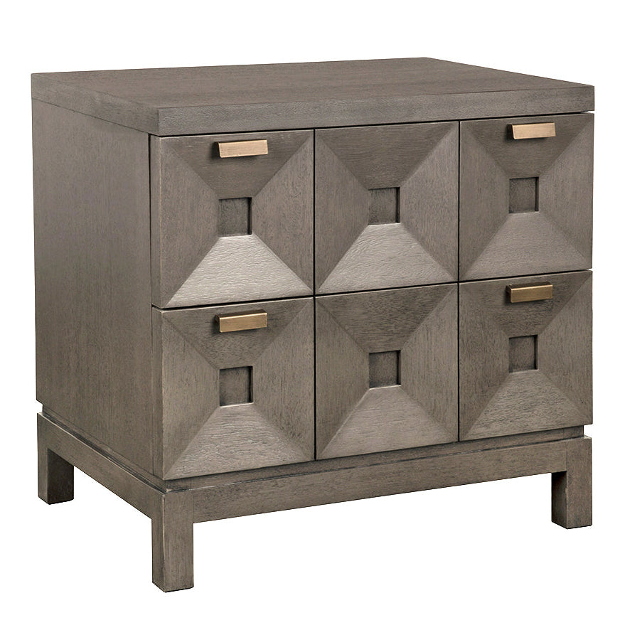 Noir Musashi Greige Walnut Small 2 Drawer Chest, faceted two-drawer front