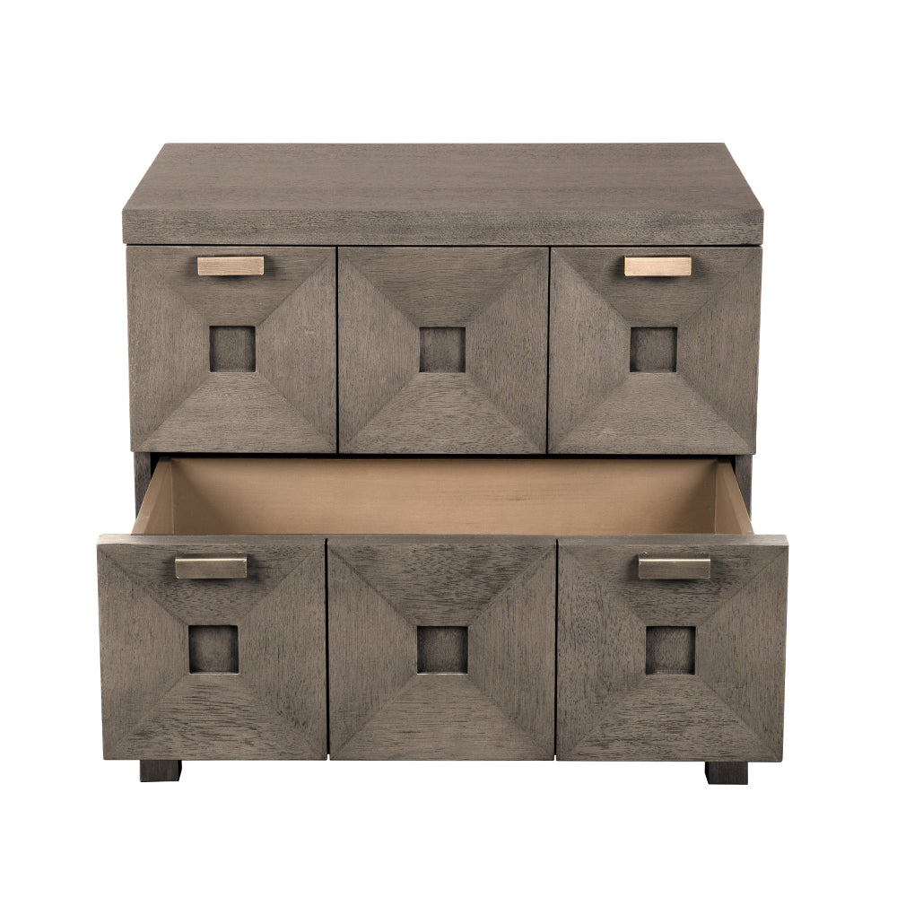 Noir Musashi Greige Walnut Small 2 Drawer Chest, brutalist architectural presence