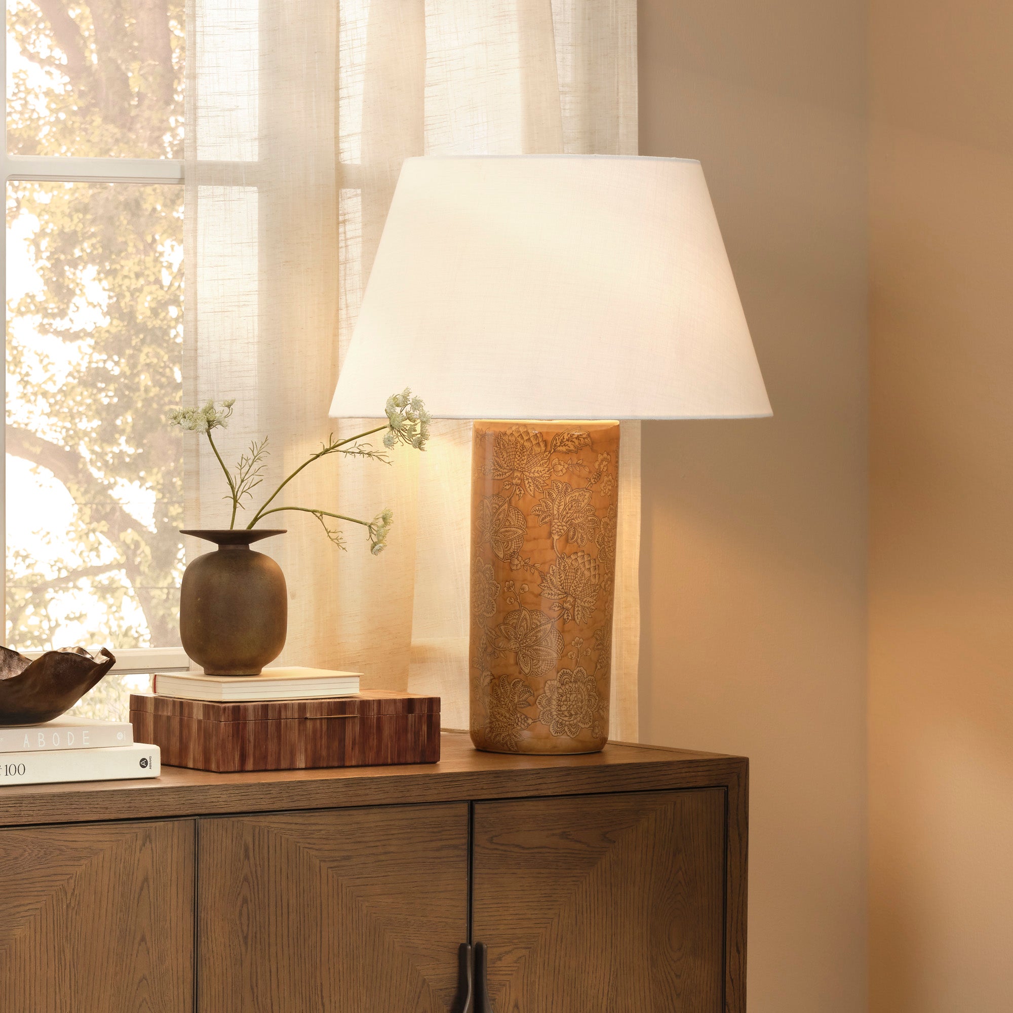 Jamie Young Etta Porcelain Caramel Brown Table Lamp with Linen Shade