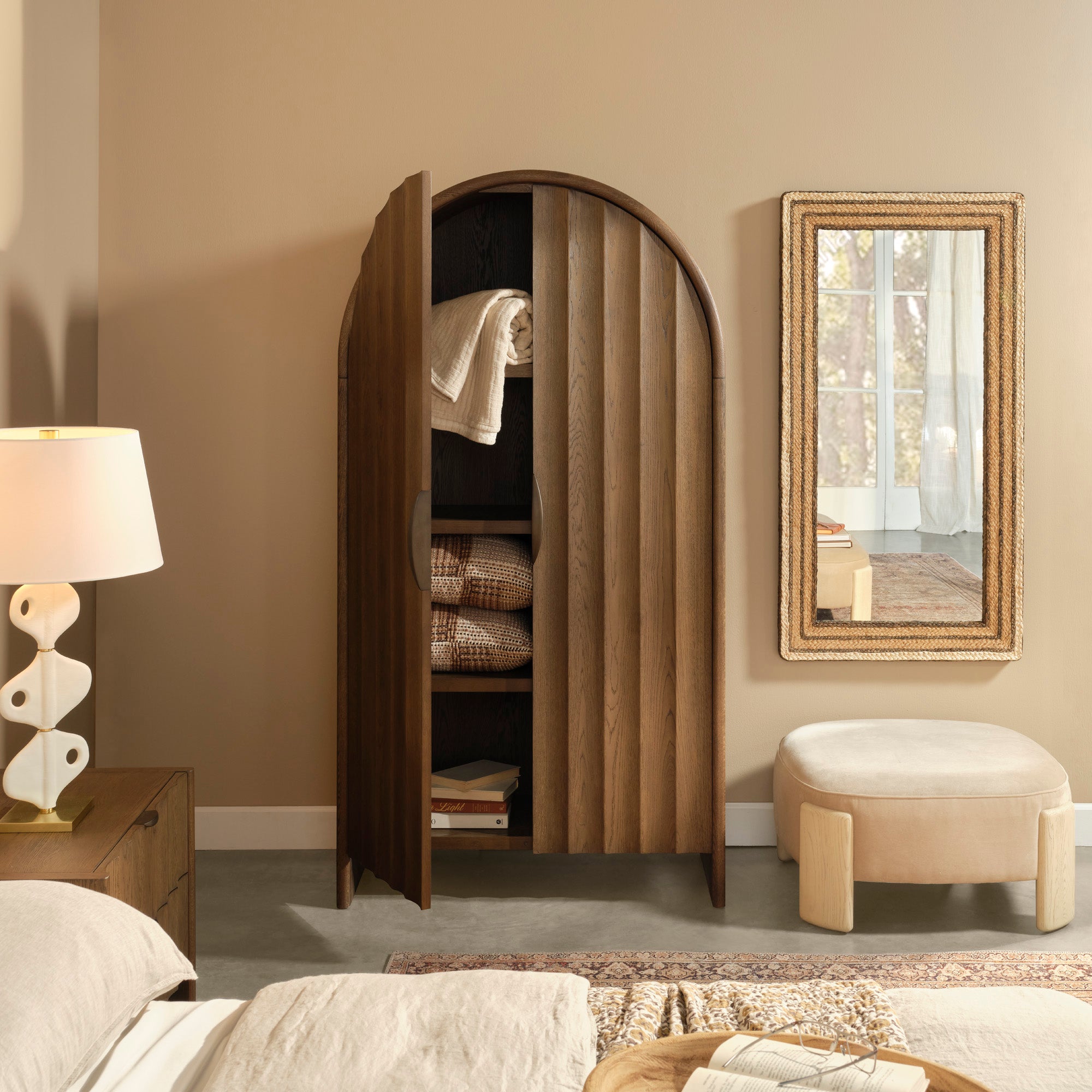 Jamie Young Finley Brown Sugar Oak Fluted Arched Cabinet
