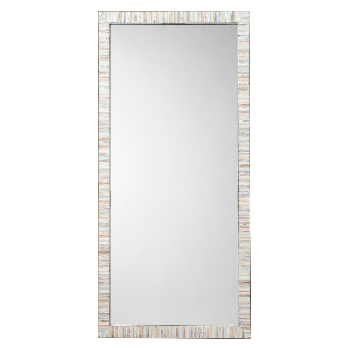 Jamie Young Heron Mother of Pearl Rectangle Floor Mirror in Blue Mother of Pearl, full front view