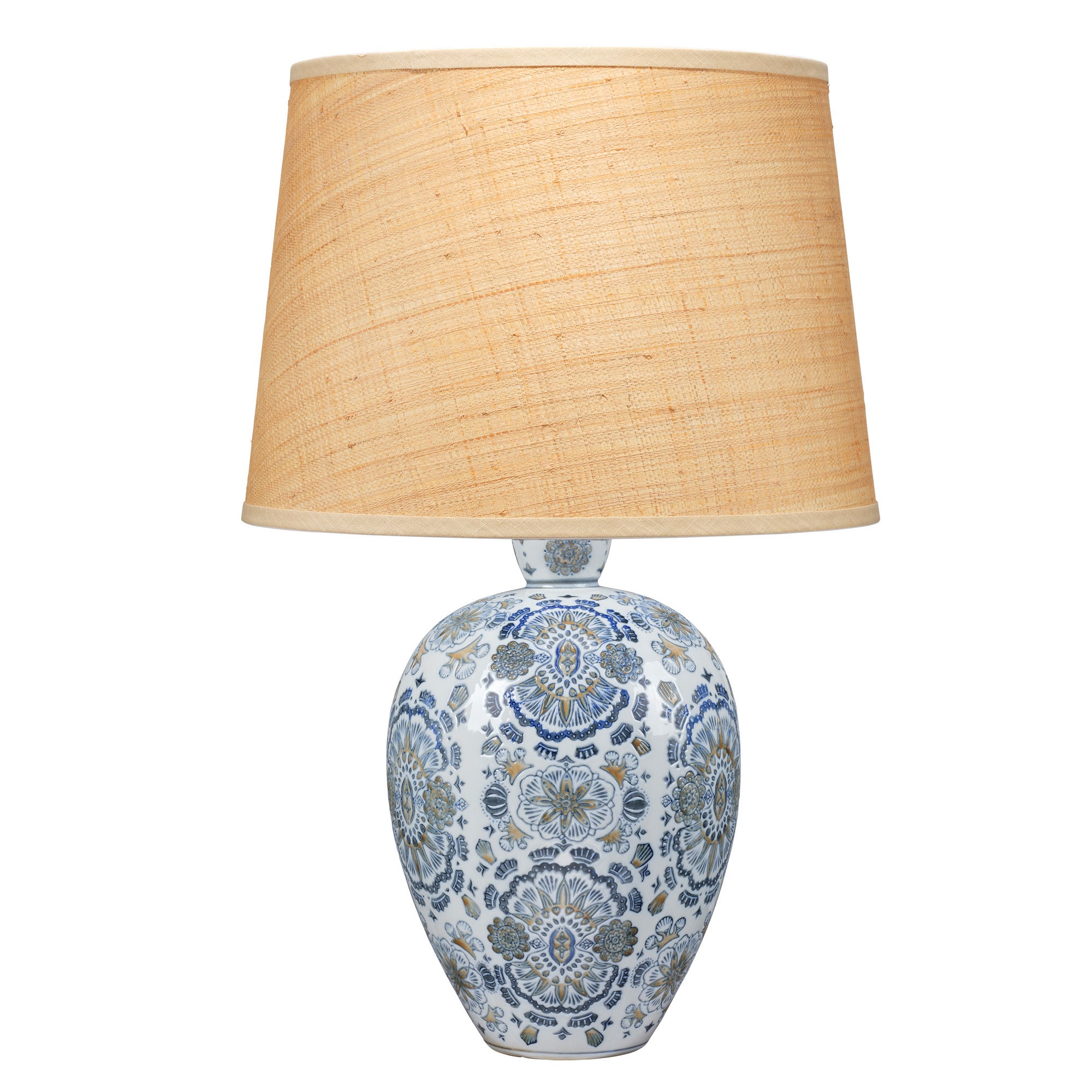 Jamie Young Ginny Porcelain Blue and White Table Lamp with Raffia Shade