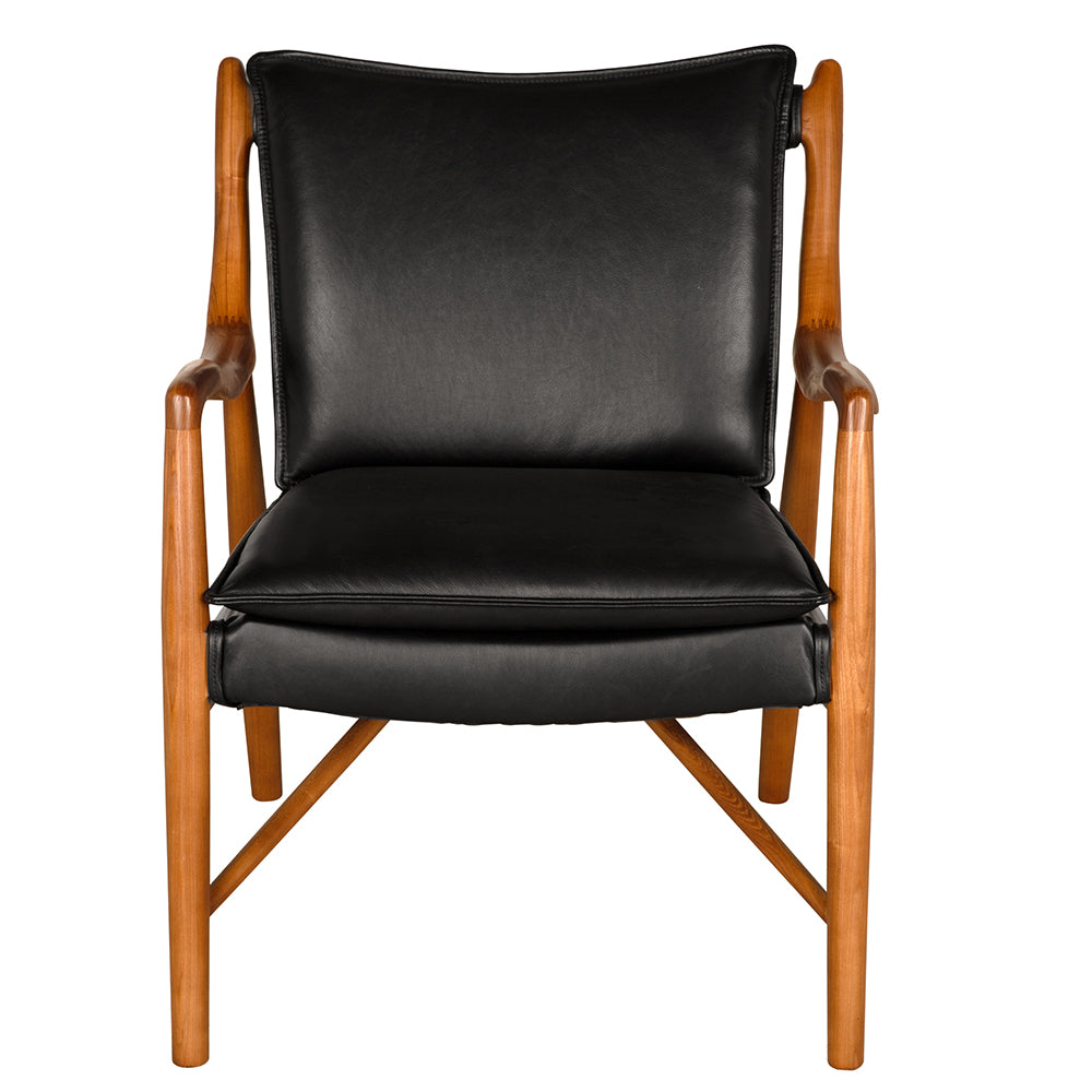 Noir Weston Chair with Black Leather, sculptural dark walnut frame