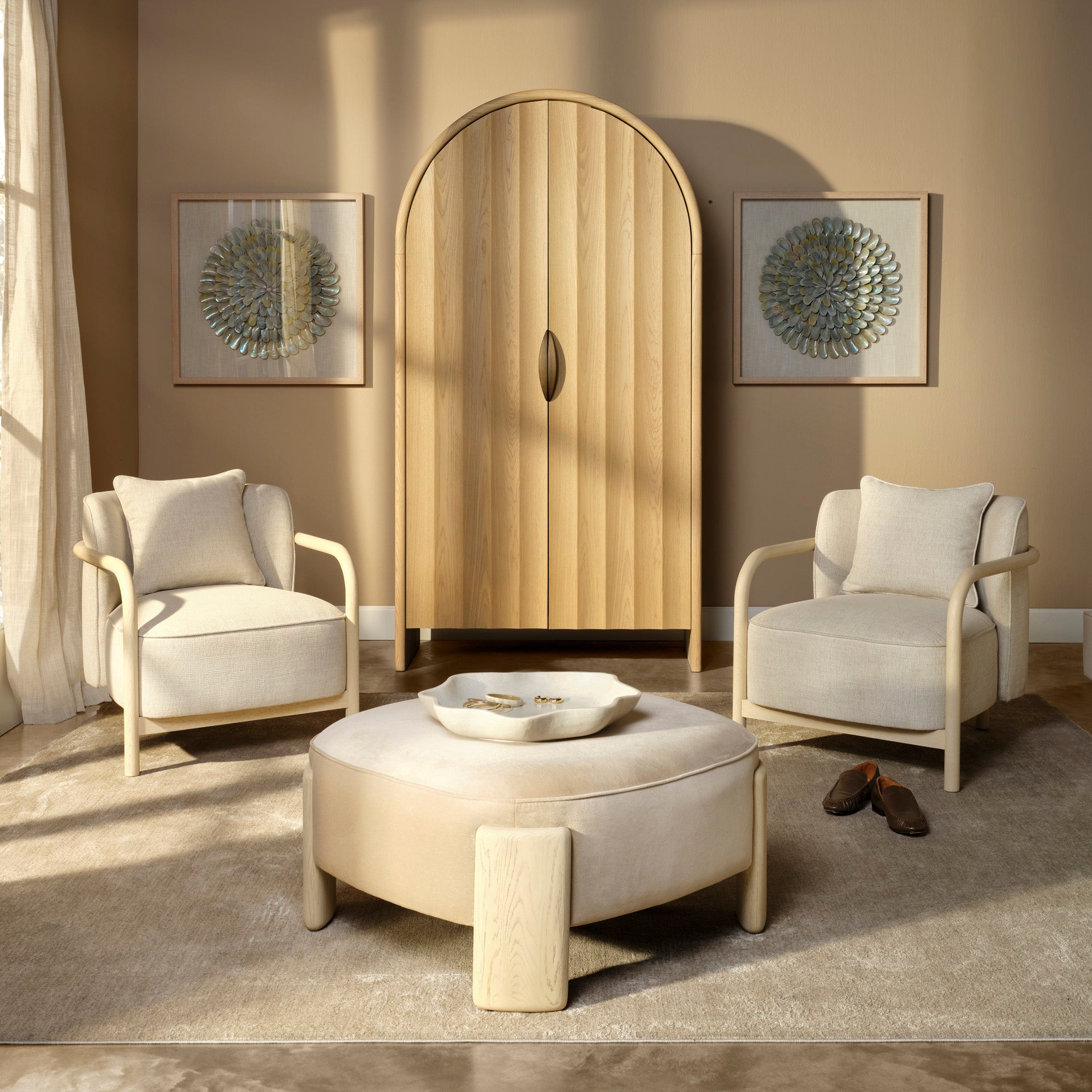 Jamie Young Tarte Earl Grey Velvet and Pale Oak Ottoman
