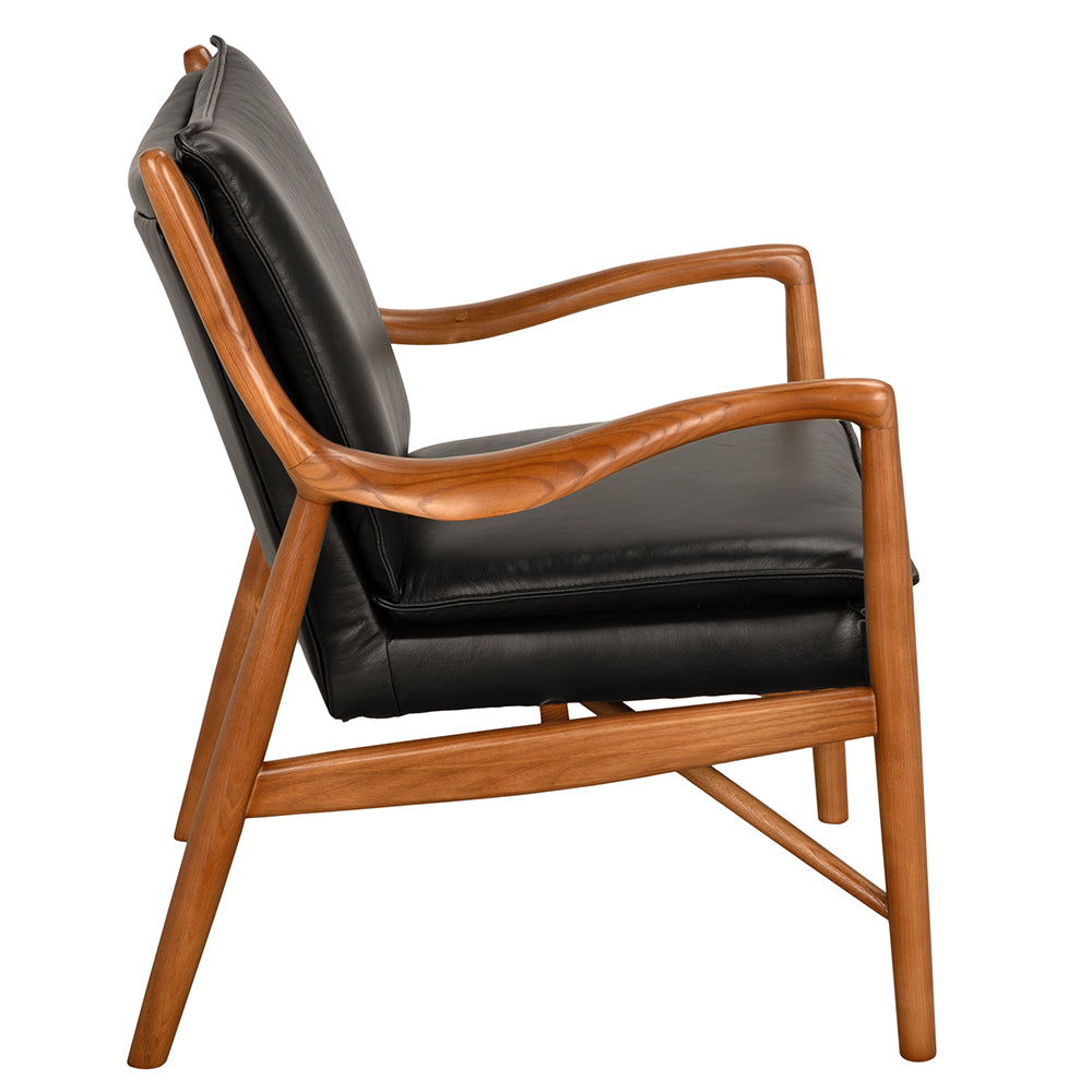 Noir Weston Chair with Black Leather, flowing mid-century arms