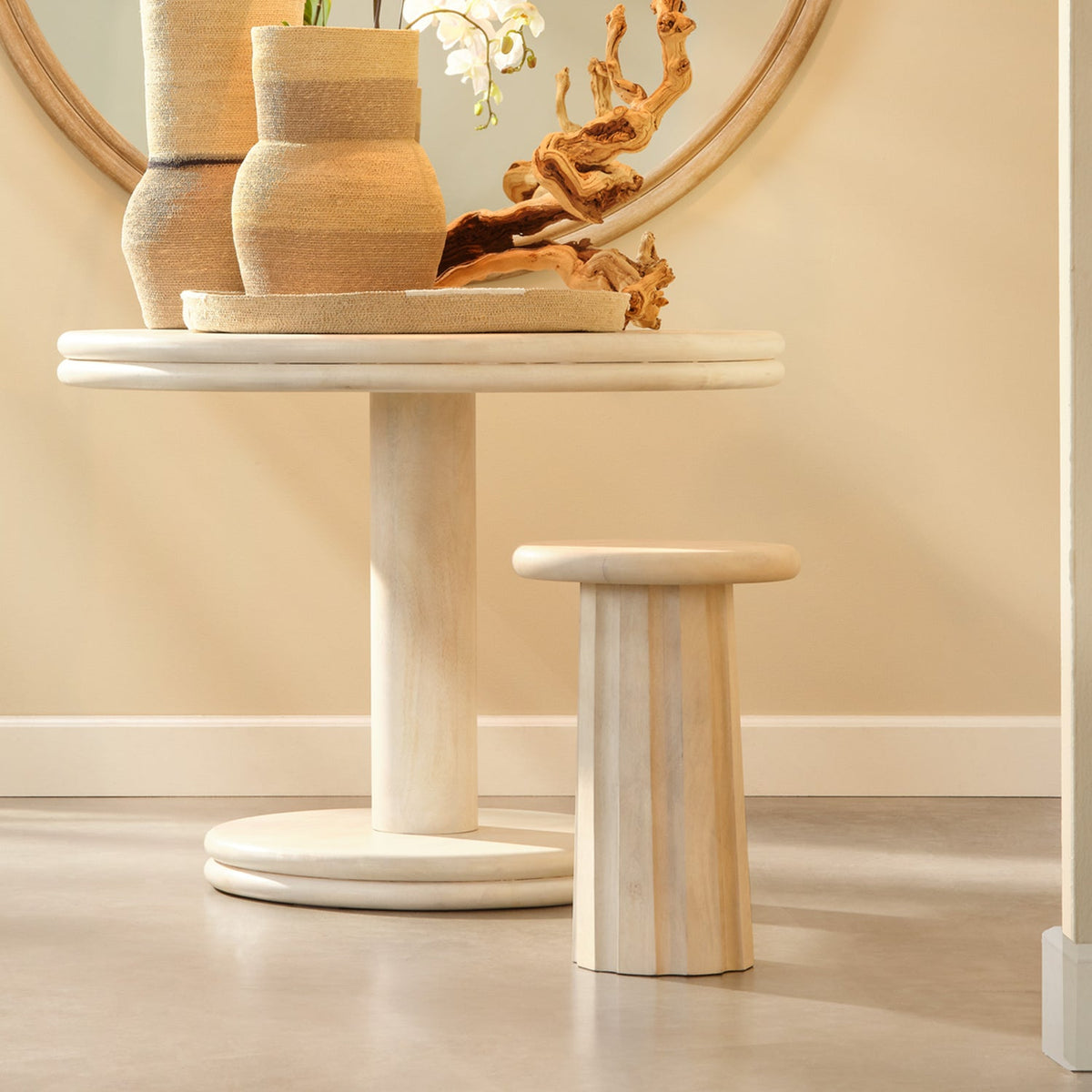 Jamie Young Cremini Off-White Wood Side Table mango wood grain and Bleached White finish detail