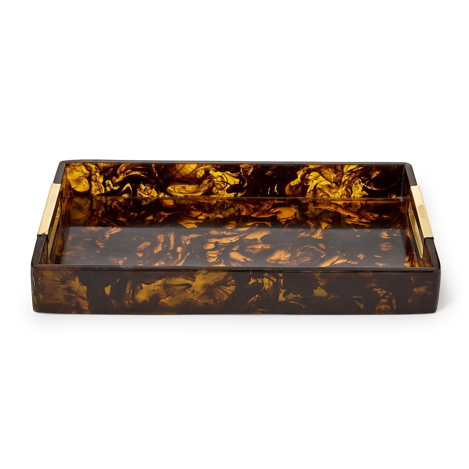 Tortoise Swirl Rectangle Serving Tray with Gold Accent Handles