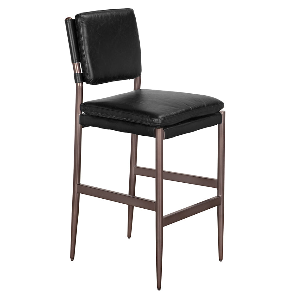 Noir Wooster Ebony Black Leather Bar Chair, rich ebony black leather seat