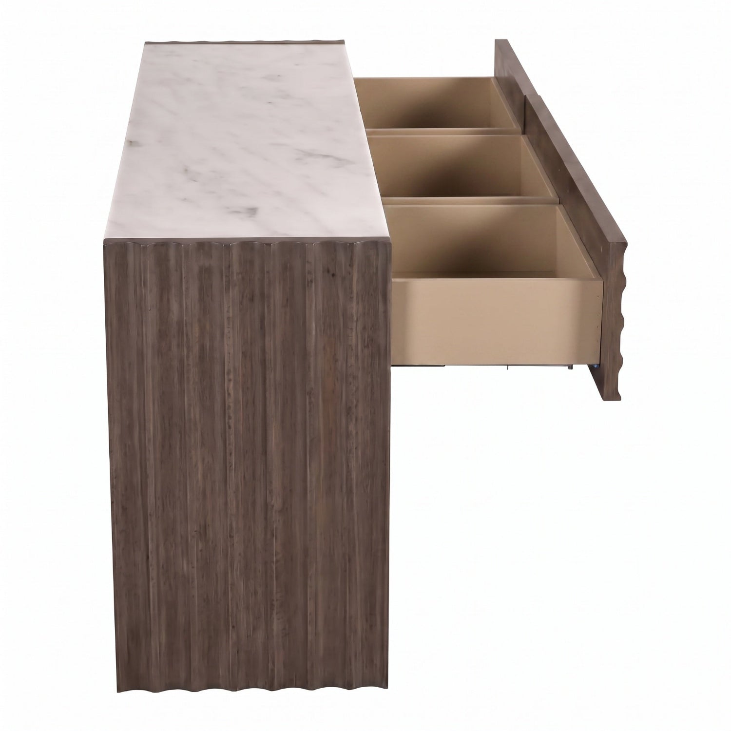 Noir Wolf Greige Walnut Console with White Marble Top crafted from walnut and stone