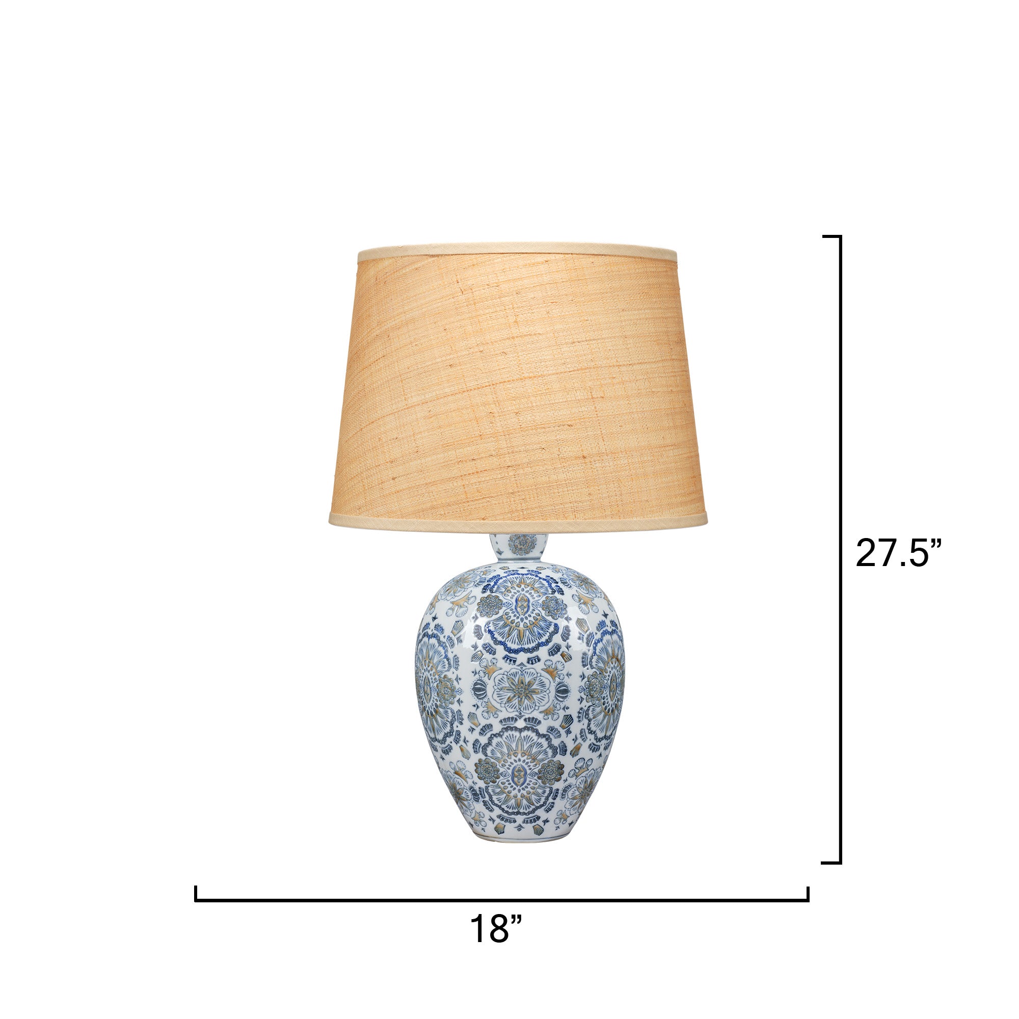 Jamie Young Ginny Porcelain Blue and White Table Lamp with Raffia Shade